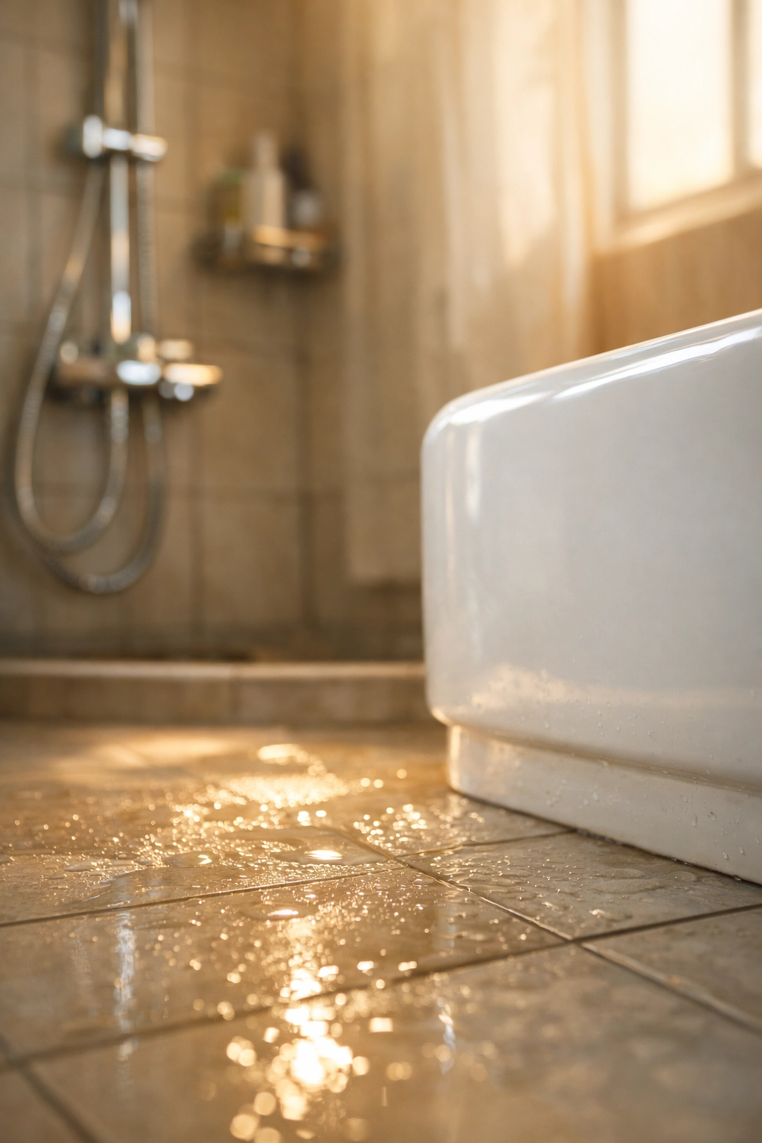 Wet bathroom floor and bathtub edge showing common fall hazards for seniors