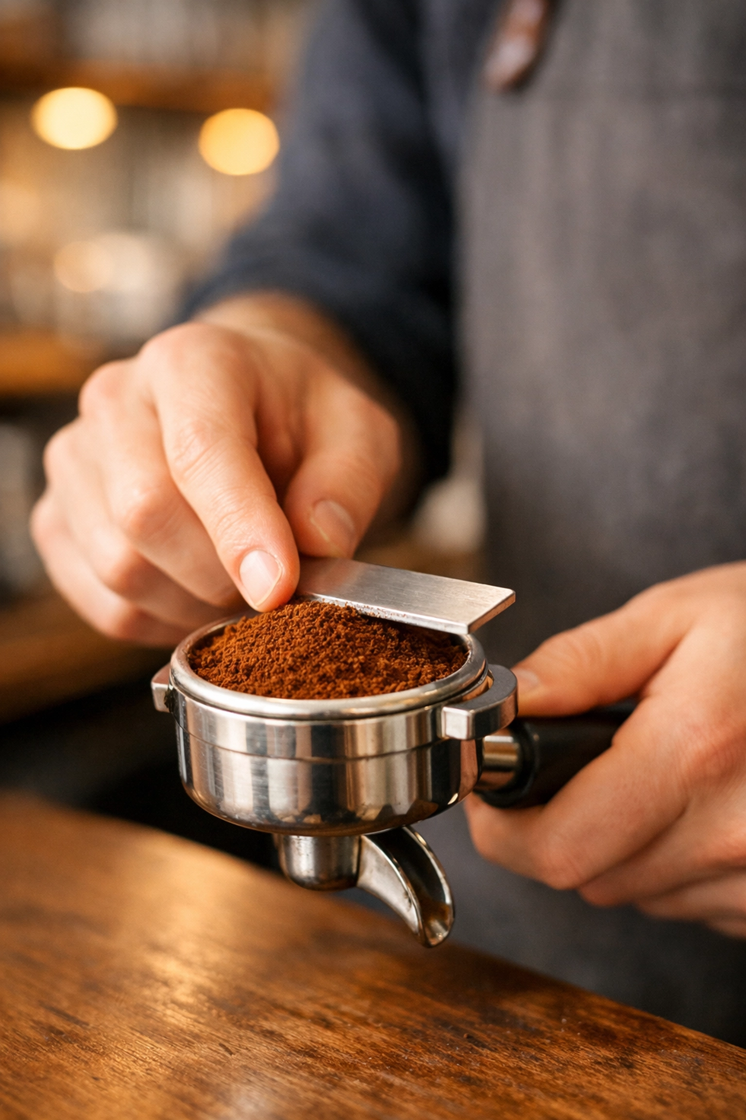 A professional barista leveling freshly ground specialty coffee into a portafilter for a perfect espresso.