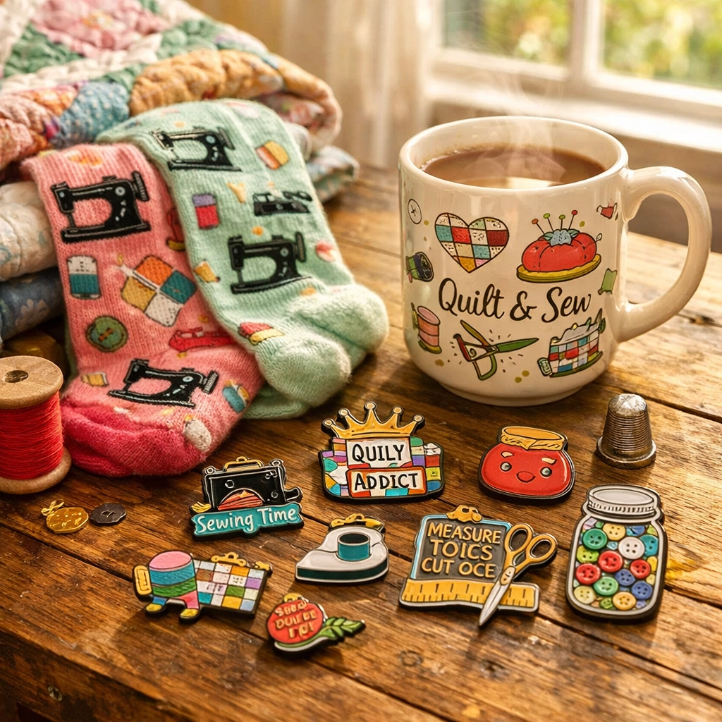 Quilting-themed gift accessories including socks, coffee mug, and sewing magnets on wooden table