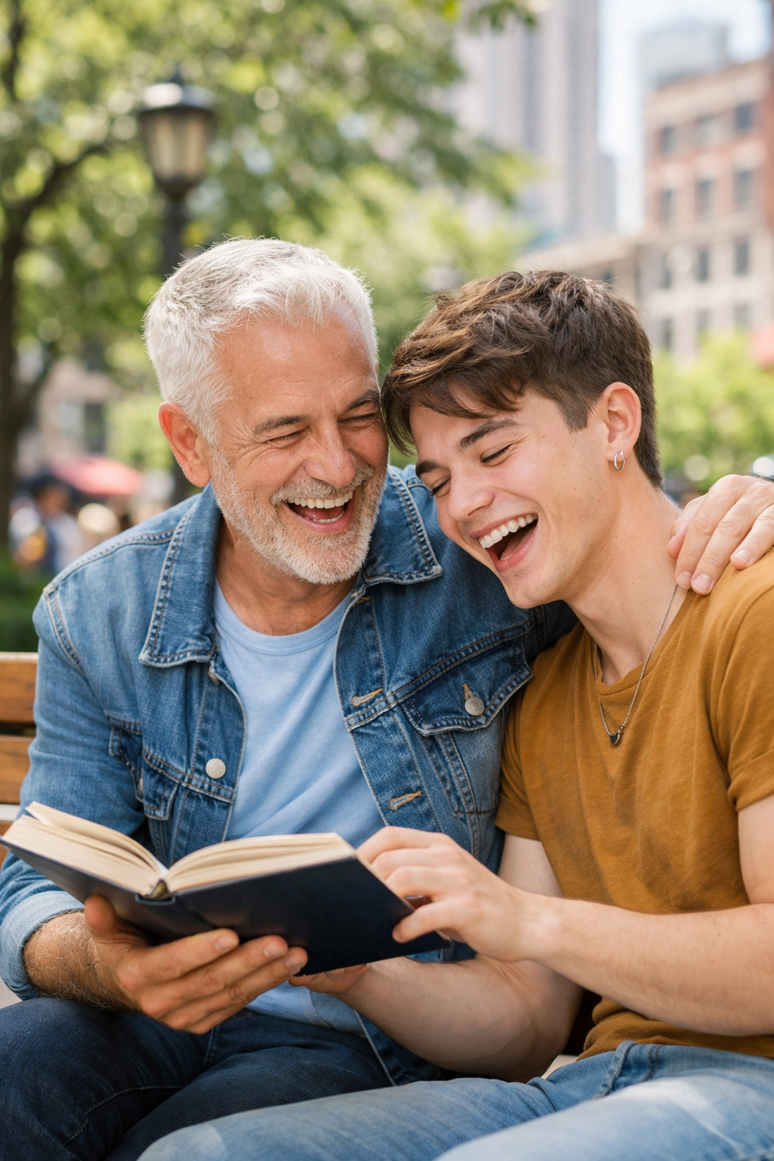 Older gay man and younger queer person sharing a book, highlighting intergenerational LGBTQ+ mentorship.