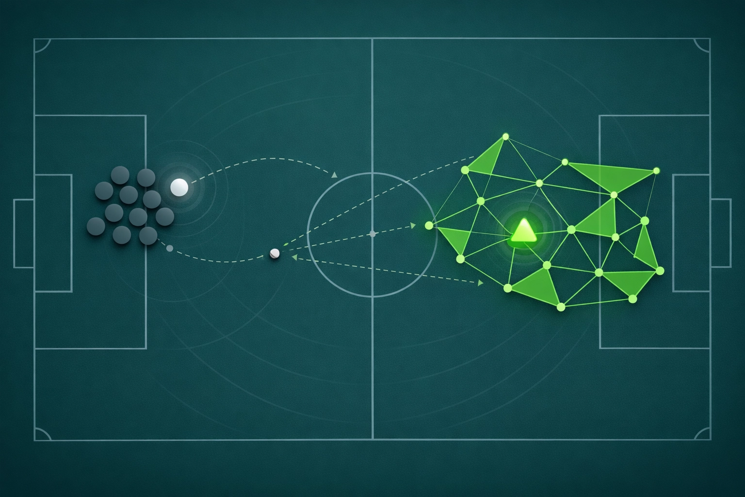 Modern tactical illustration of a football pitch showing data-driven spatial dynamics between teams.