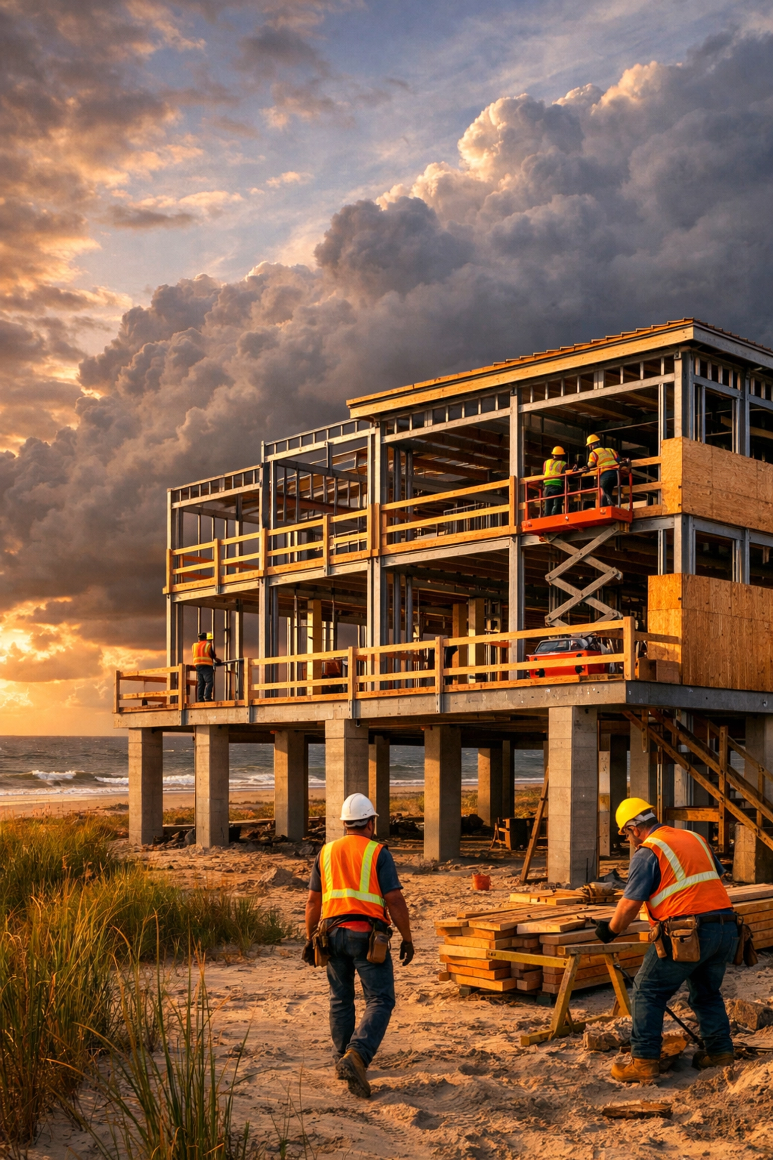 Commercial building under construction on North Carolina coast with safety protocols in place