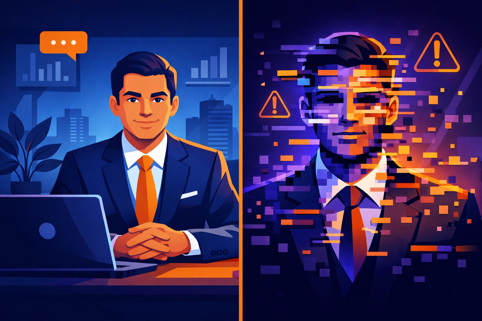 AI deepfake scam comparison showing real business person vs glitching fake video call