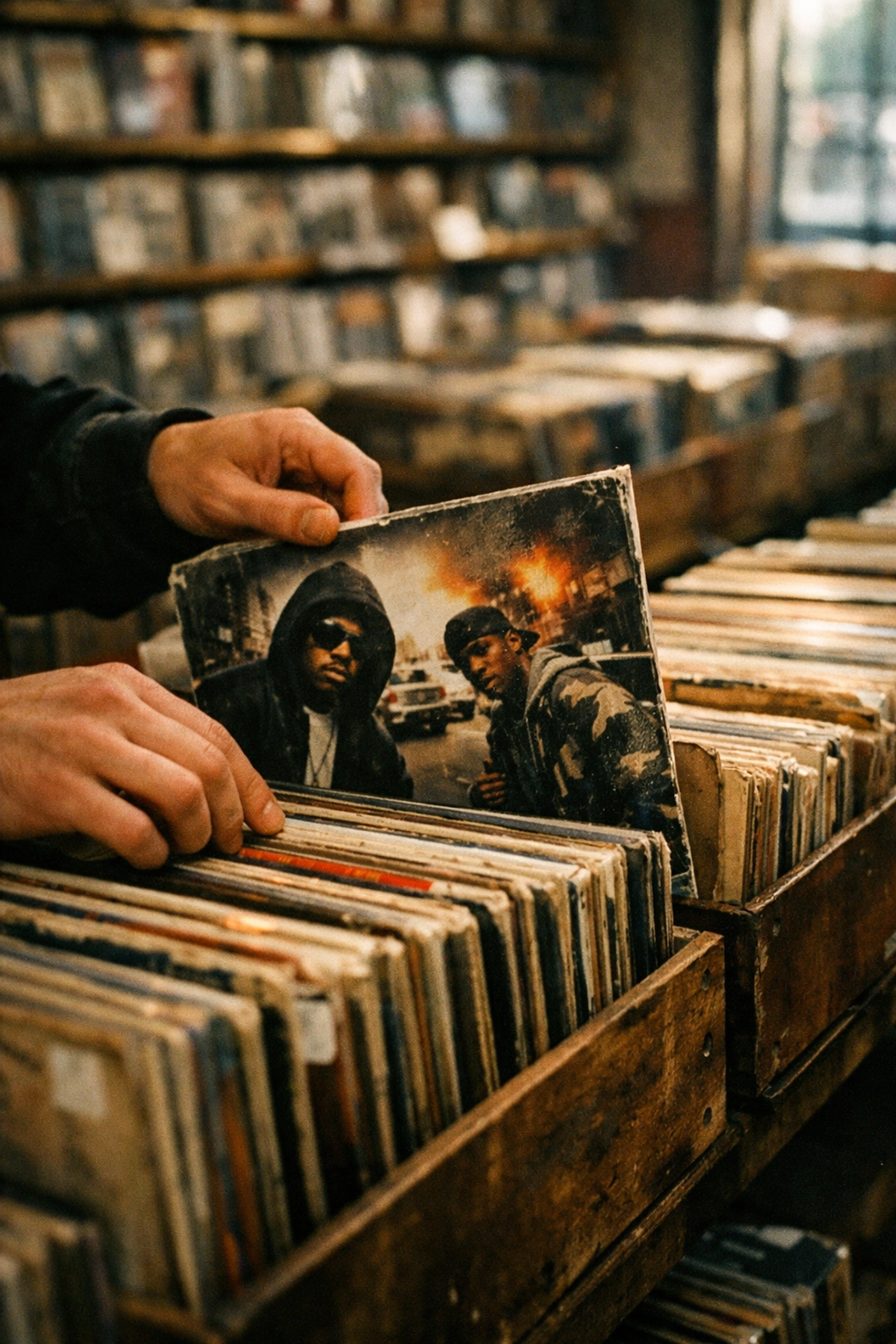 Hands flipping through used vinyl records in wooden bins at a Los Angeles record store.