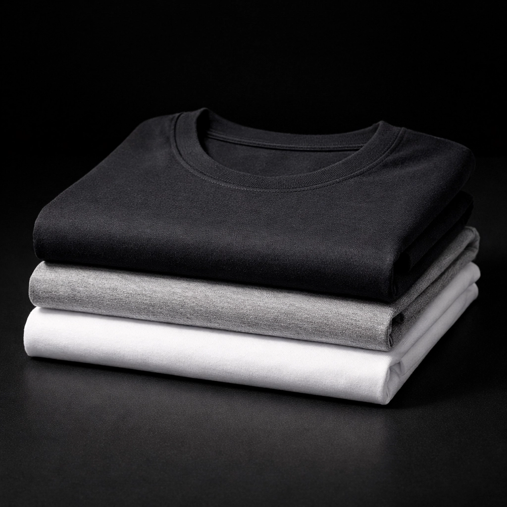 Neatly folded high-quality cotton t-shirts representing premium custom apparel standards.