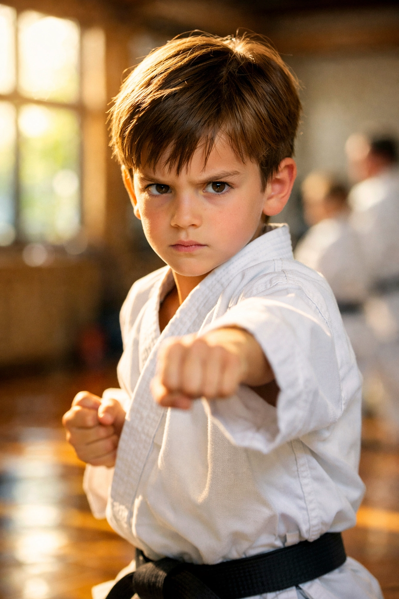 Focused child in a martial arts uniform practicing discipline and concentration in an El Dorado Hills dojo.