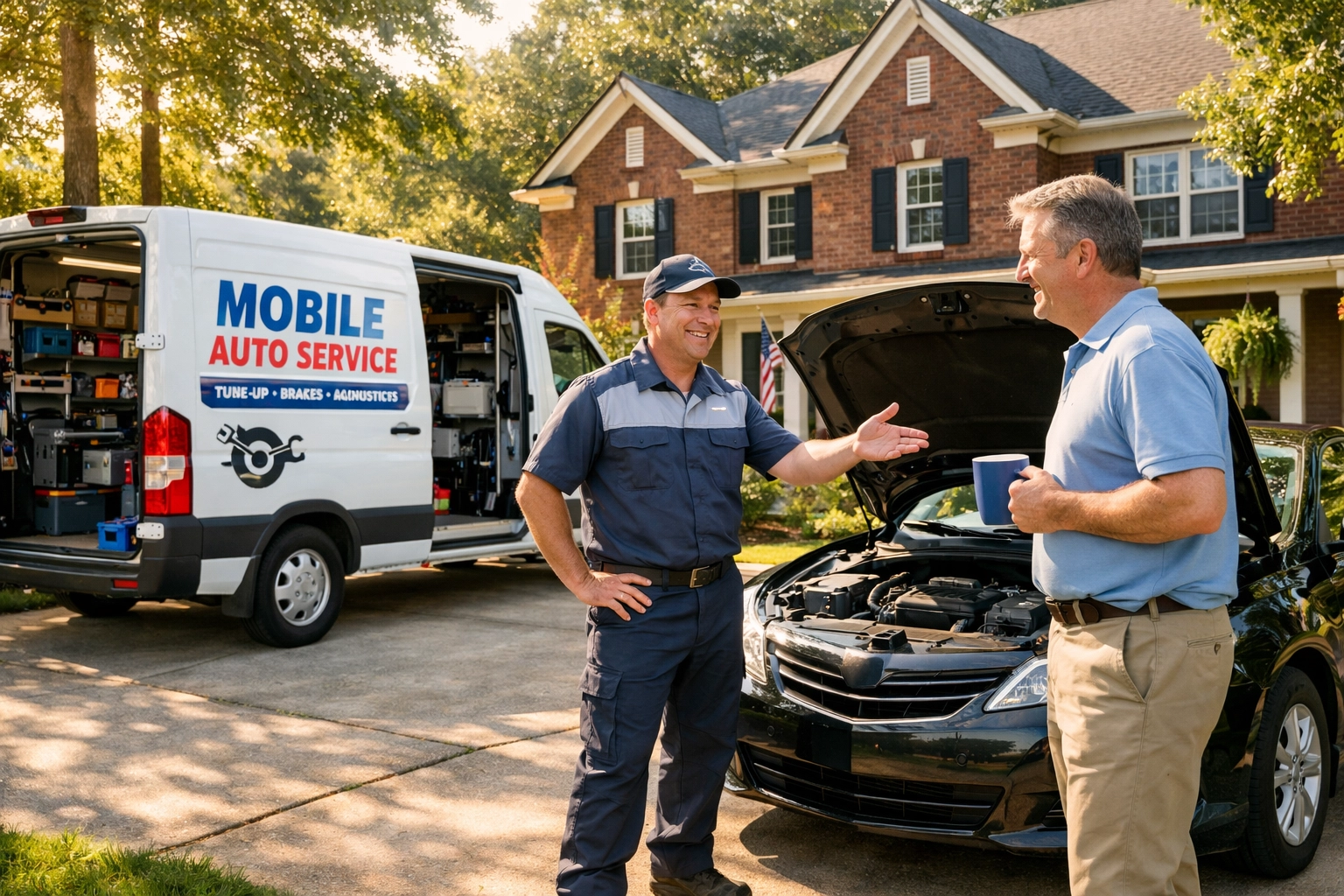 A mobile mechanic near me providing convenient on-site concierge auto service at a home.