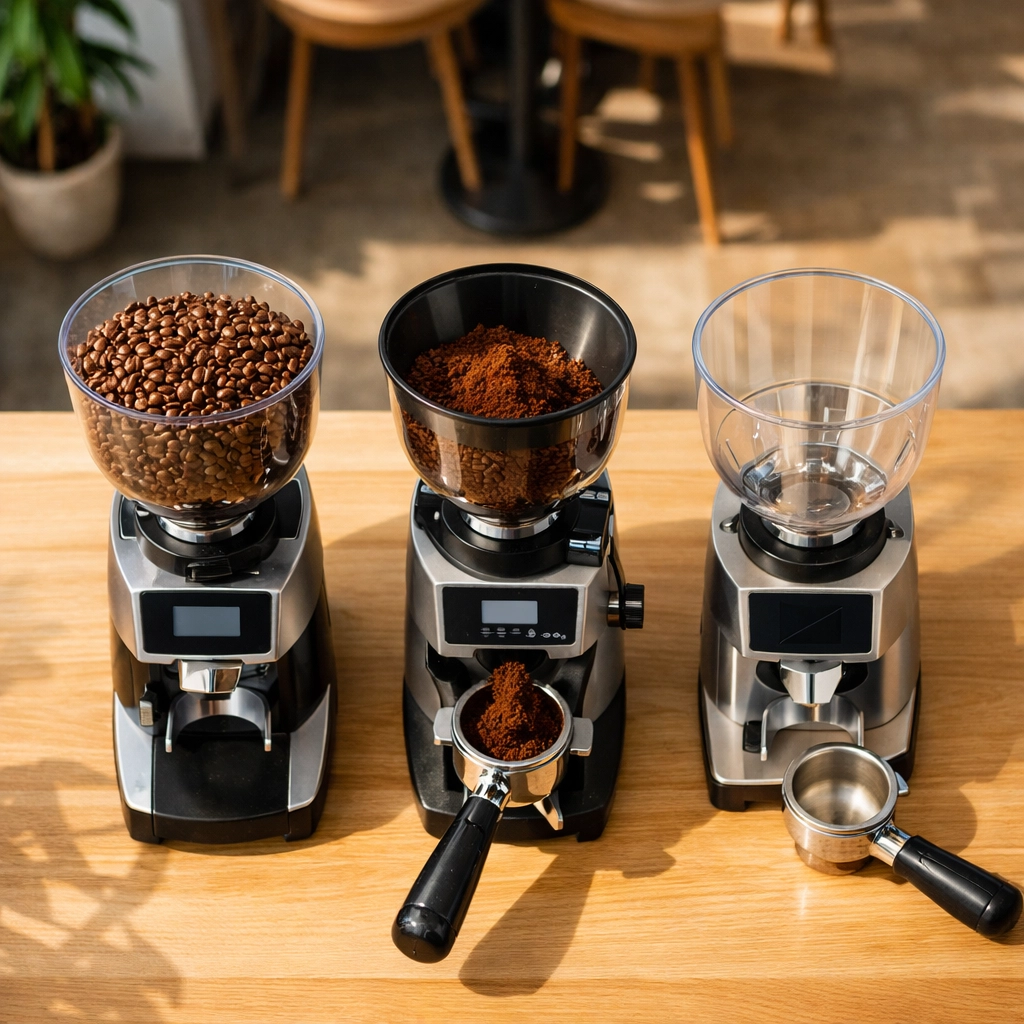 Three commercial coffee grinders with fresh beans on café counter