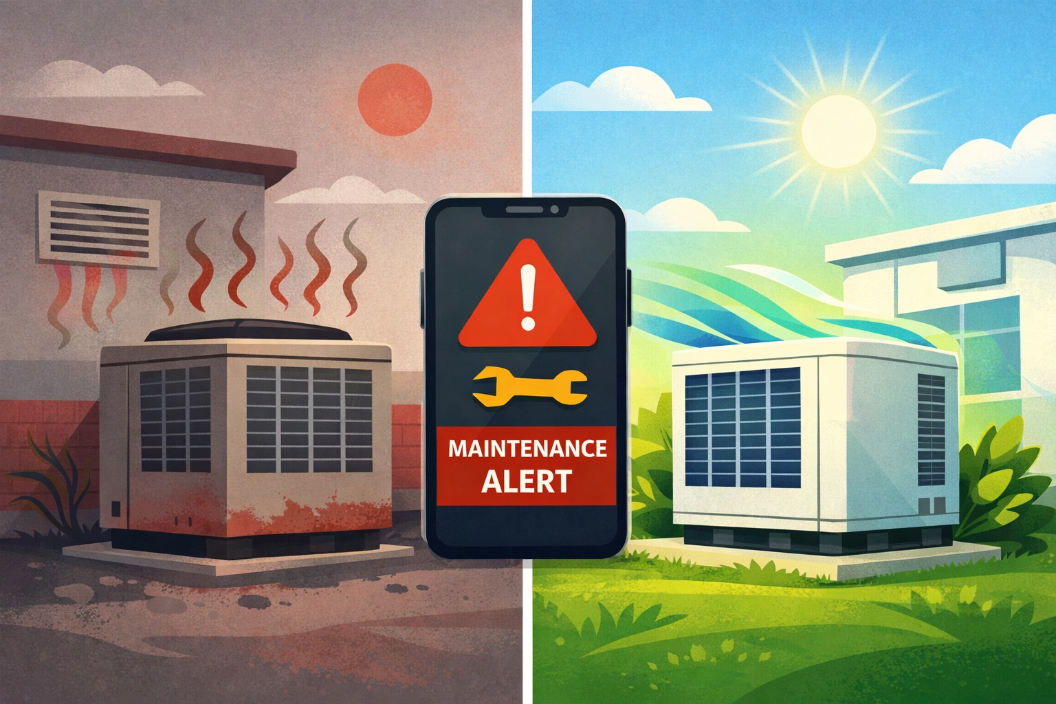 HVAC system efficiency comparison showing preventive maintenance improving performance