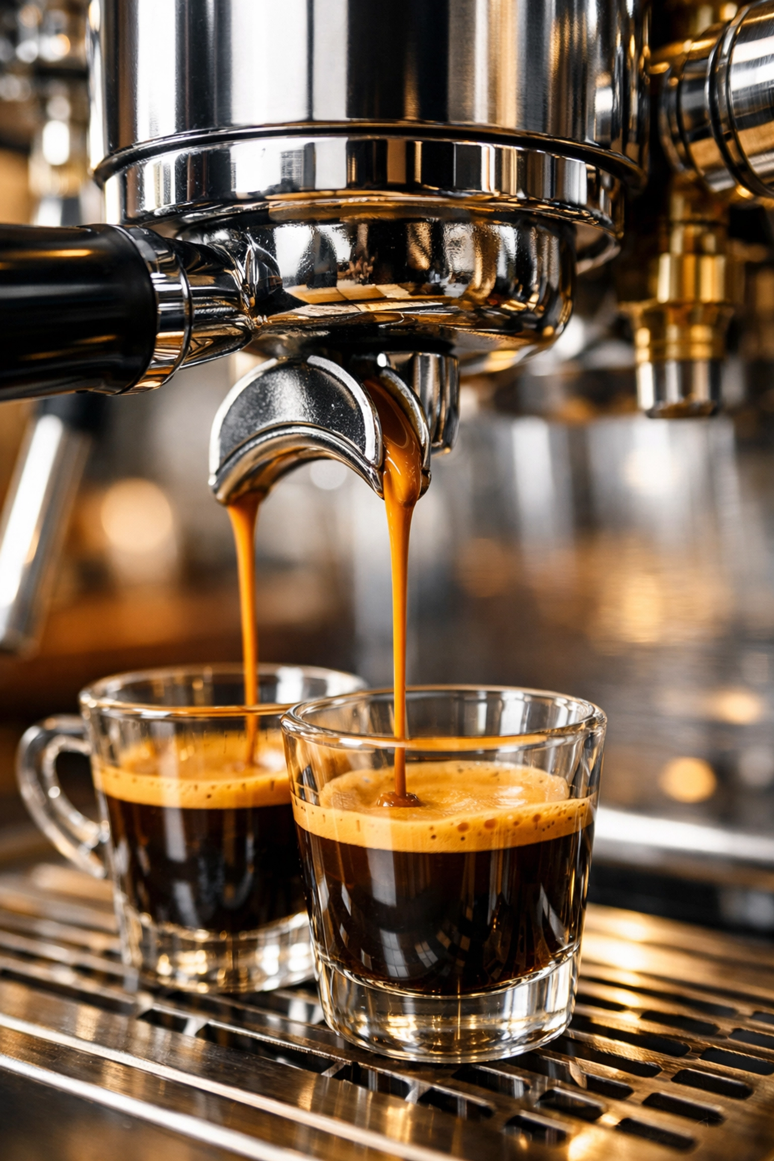 Professional espresso machine extracting consistent double shots into glass cups