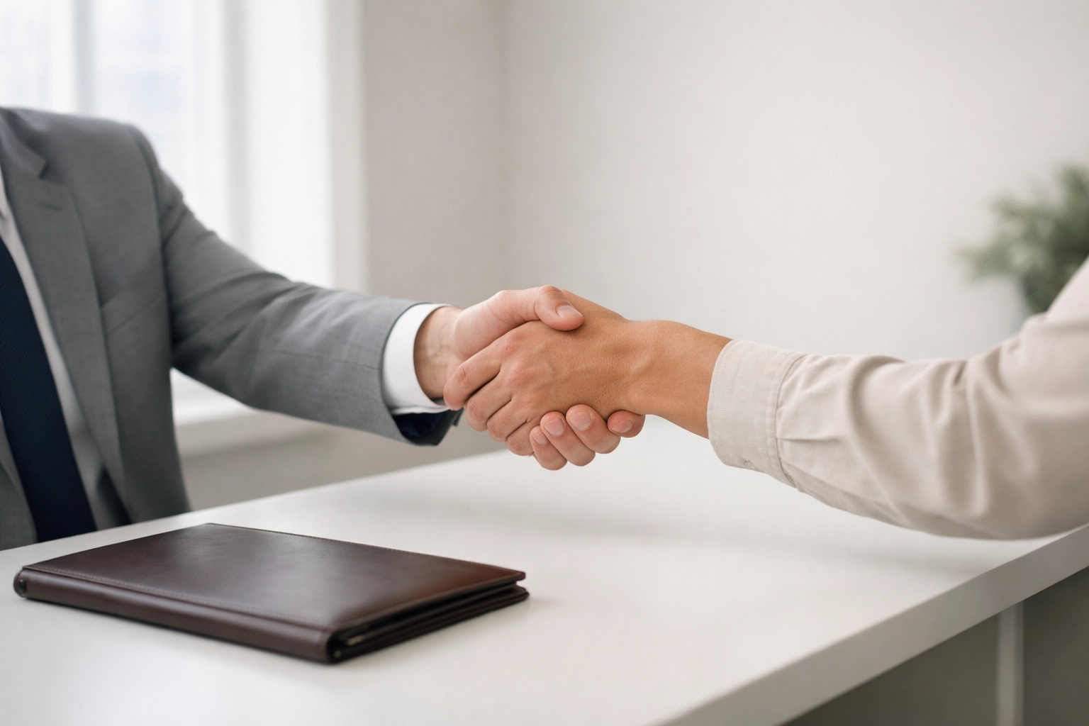 Tax professional shaking hands with client across desk building trust and lasting relationship