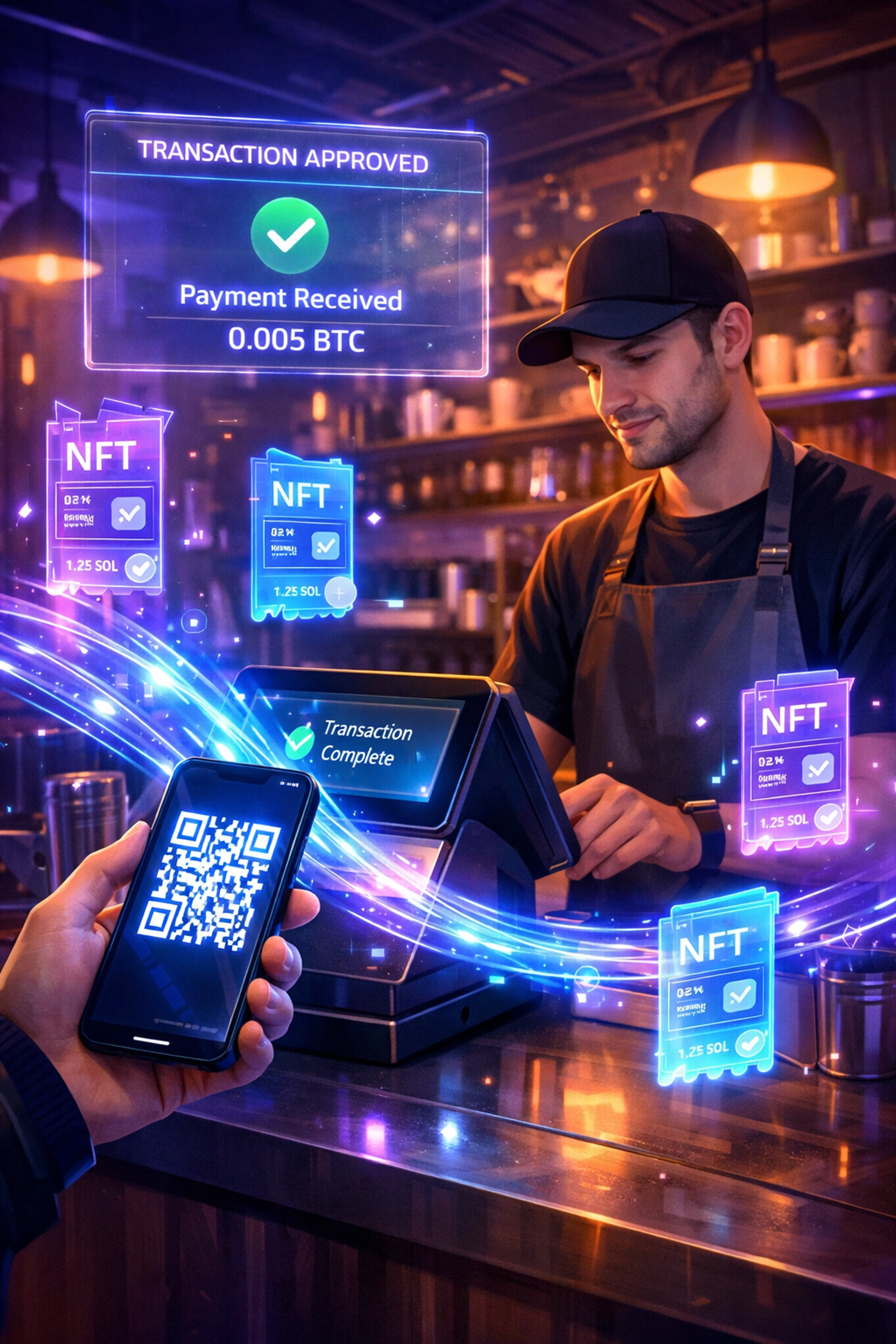 Small business crypto POS system with QR code payment and NFT receipt at coffee shop checkout