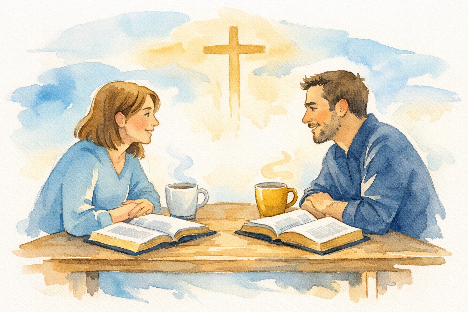 Two people studying Bibles together over coffee showing Christian accountability and mentorship
