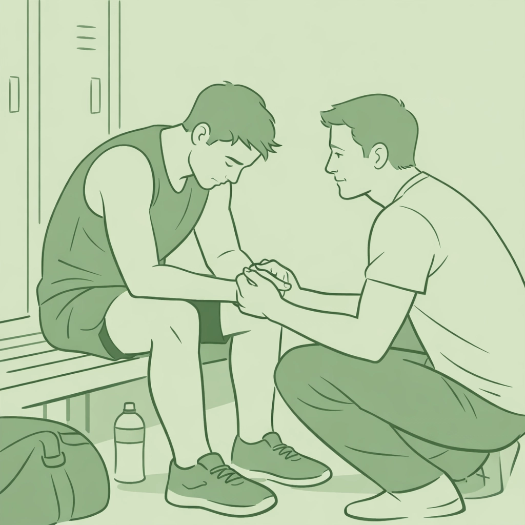 Male athlete comforted by partner in locker room showing vulnerability in MM romance