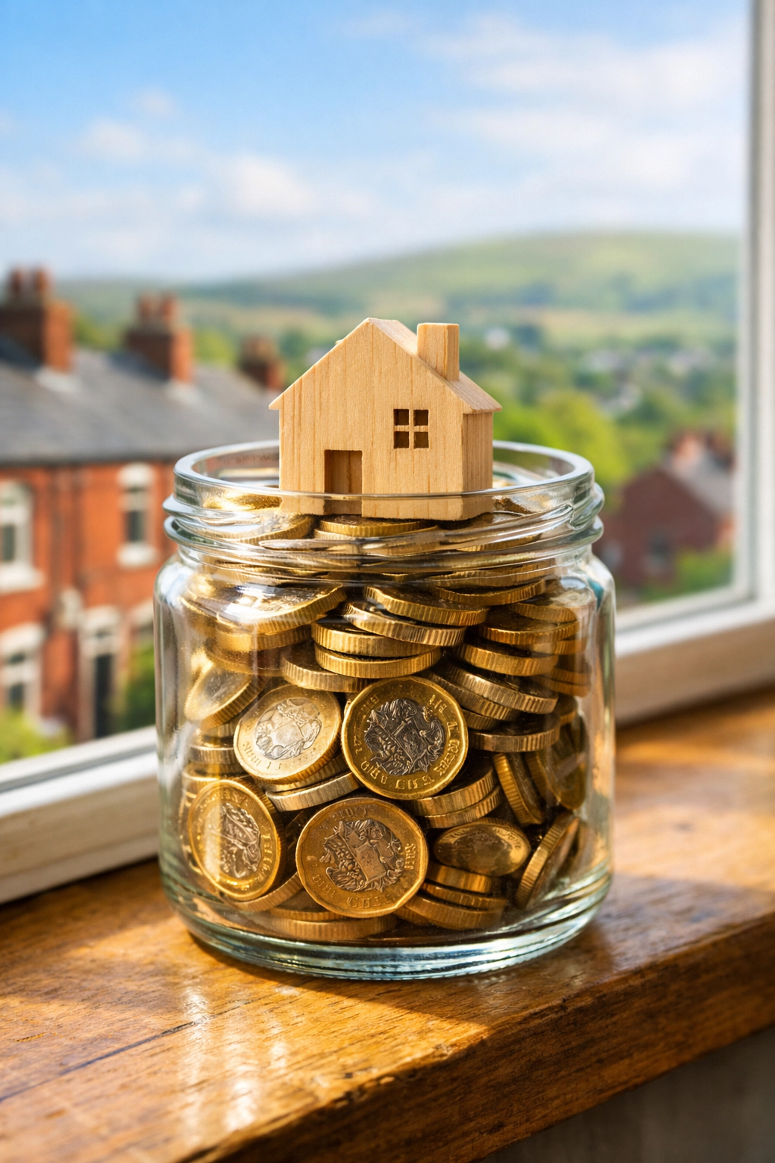 Saving for a mortgage deposit in Oldham with a jar of coins and a small wooden house model.