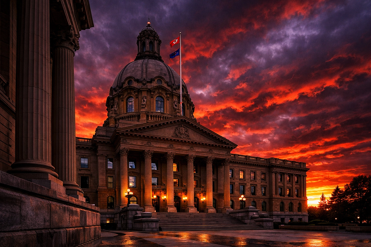 The Alberta Legislature Building at sunset, representing the 2026 provincial budget announcement in Edmonton.