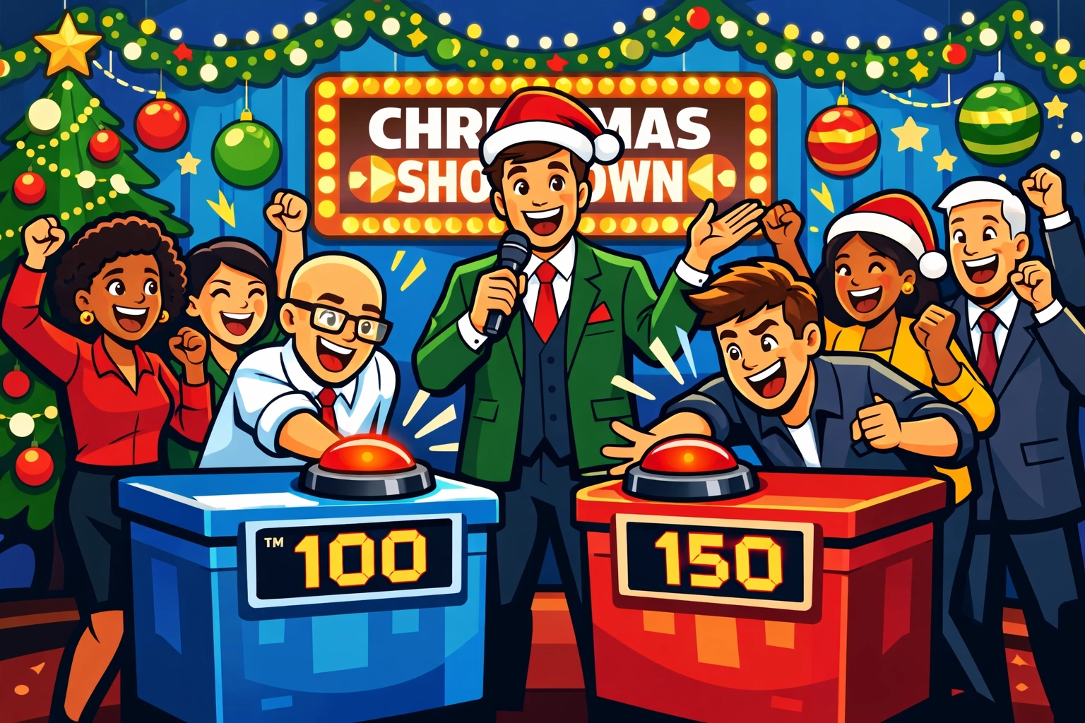 Excited employees playing a holiday-themed interactive game show at a corporate Christmas party event.