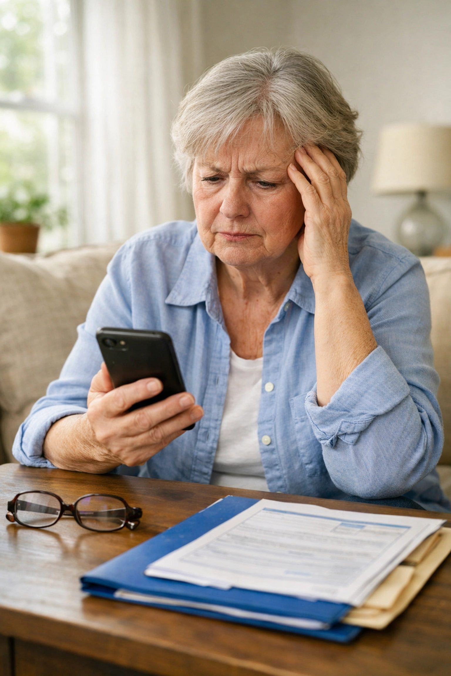 A frustrated senior patient struggling with a smartphone app, showing the reality of healthcare digital transformation.