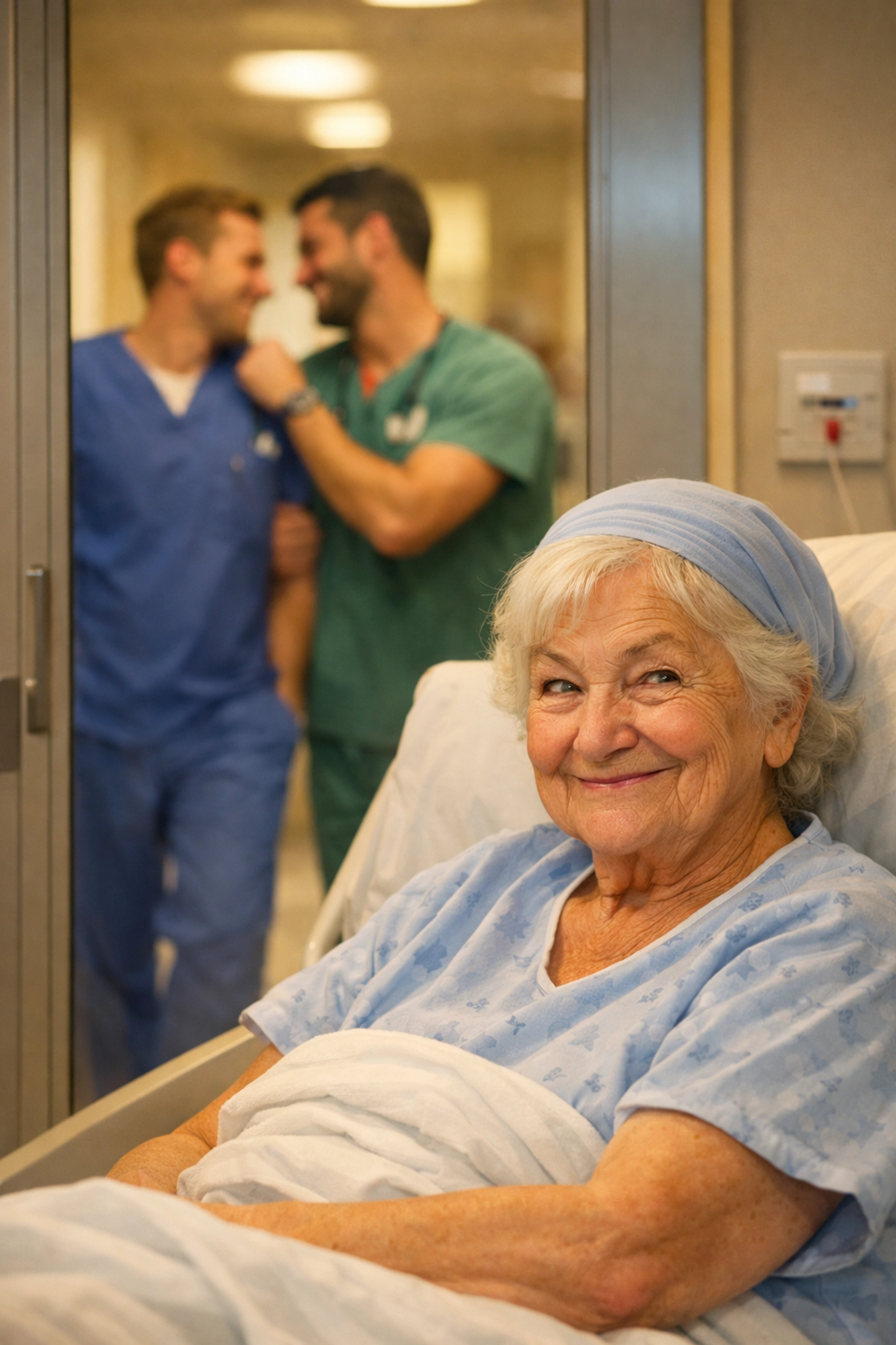 An elderly patient smiles as two male nurses flirt in a hospital hallway, capturing a heartfelt gay love story.