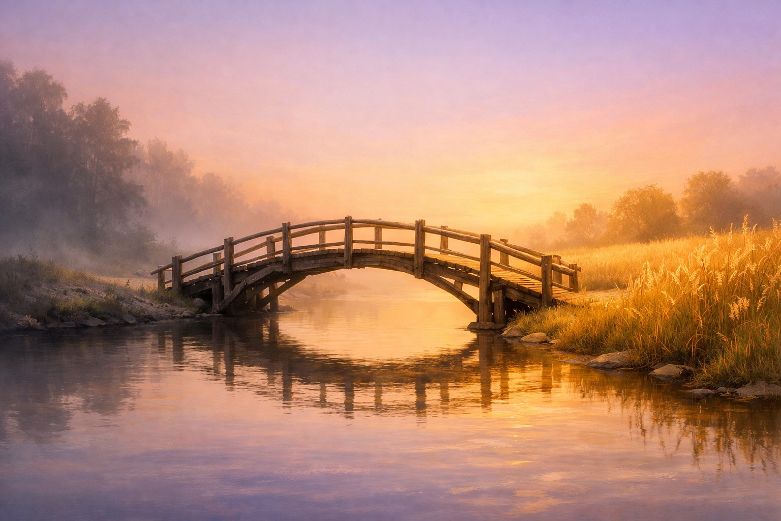A peaceful wooden bridge over a river symbolizing the transition toward a healthy life trajectory.