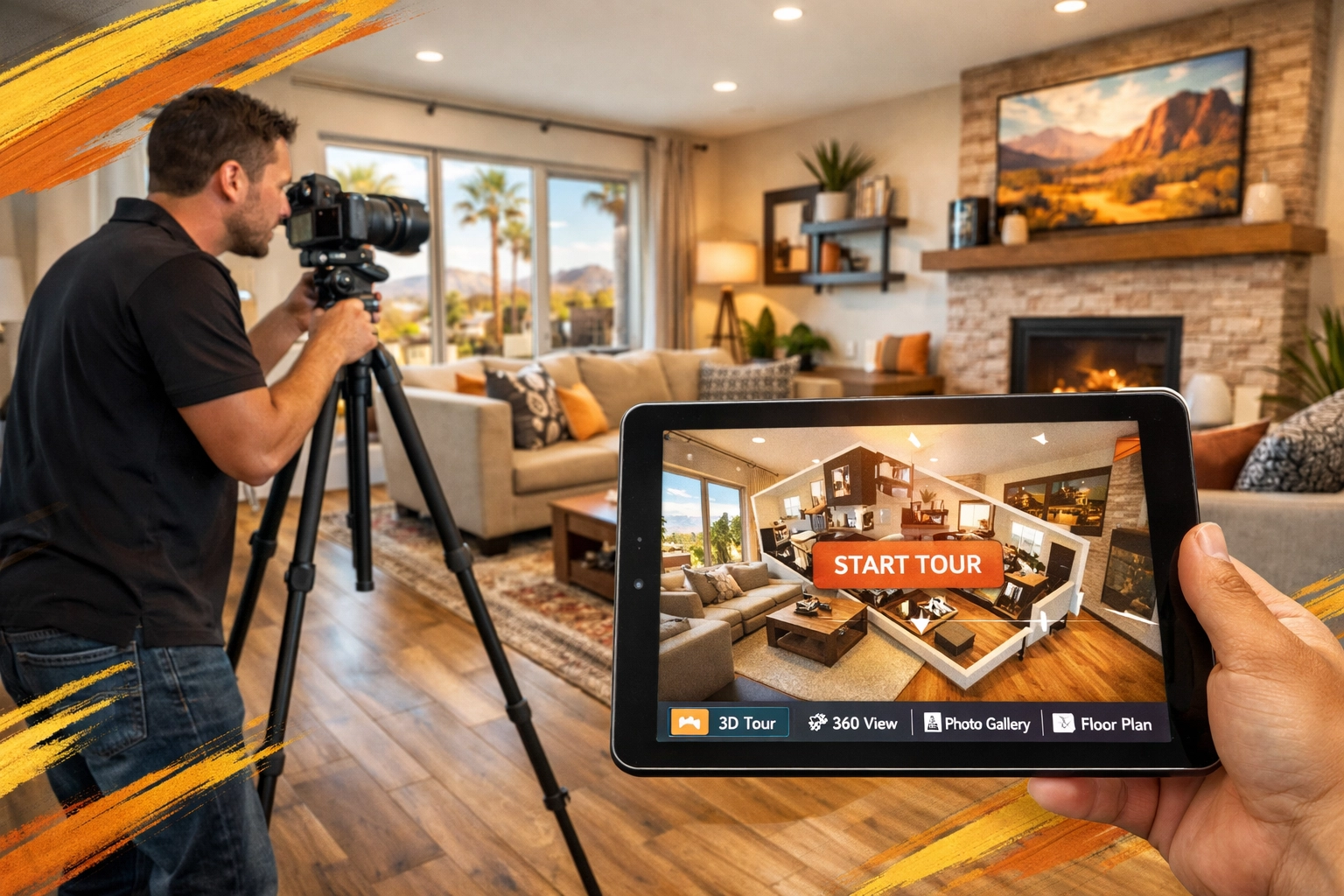 Professional photographer capturing home listing photos and virtual tour for full-service marketing