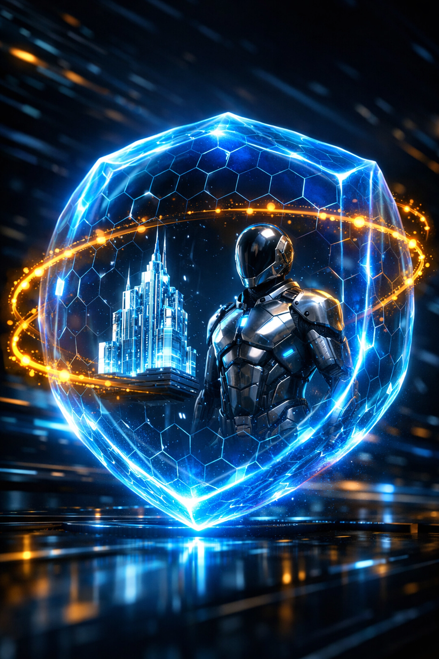 AI-powered security shield protecting digital assets and virtual property in the Larecoin metaverse ecosystem.