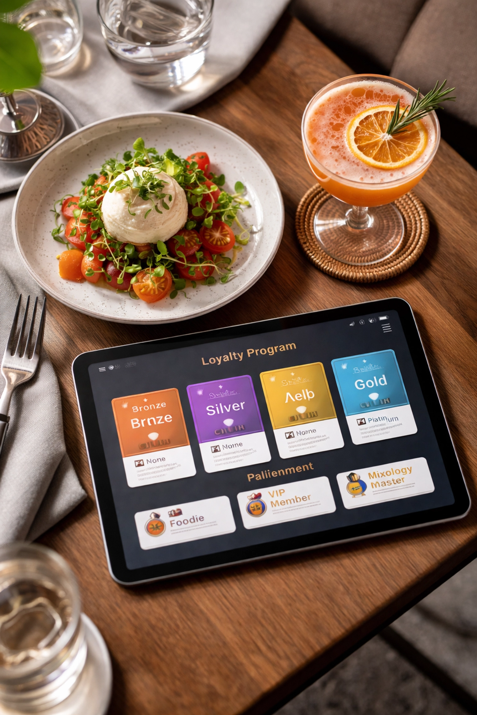 Tablet displaying restaurant loyalty program tiers alongside fine dining appetizer and cocktail