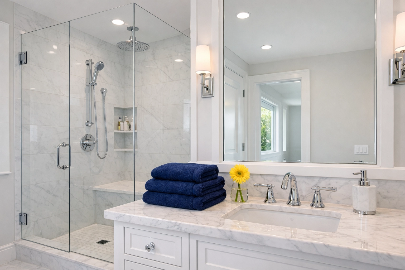 A sparkling clean modern bathroom with a marble vanity and sanitized glass surfaces in a high-end Newton MA home.