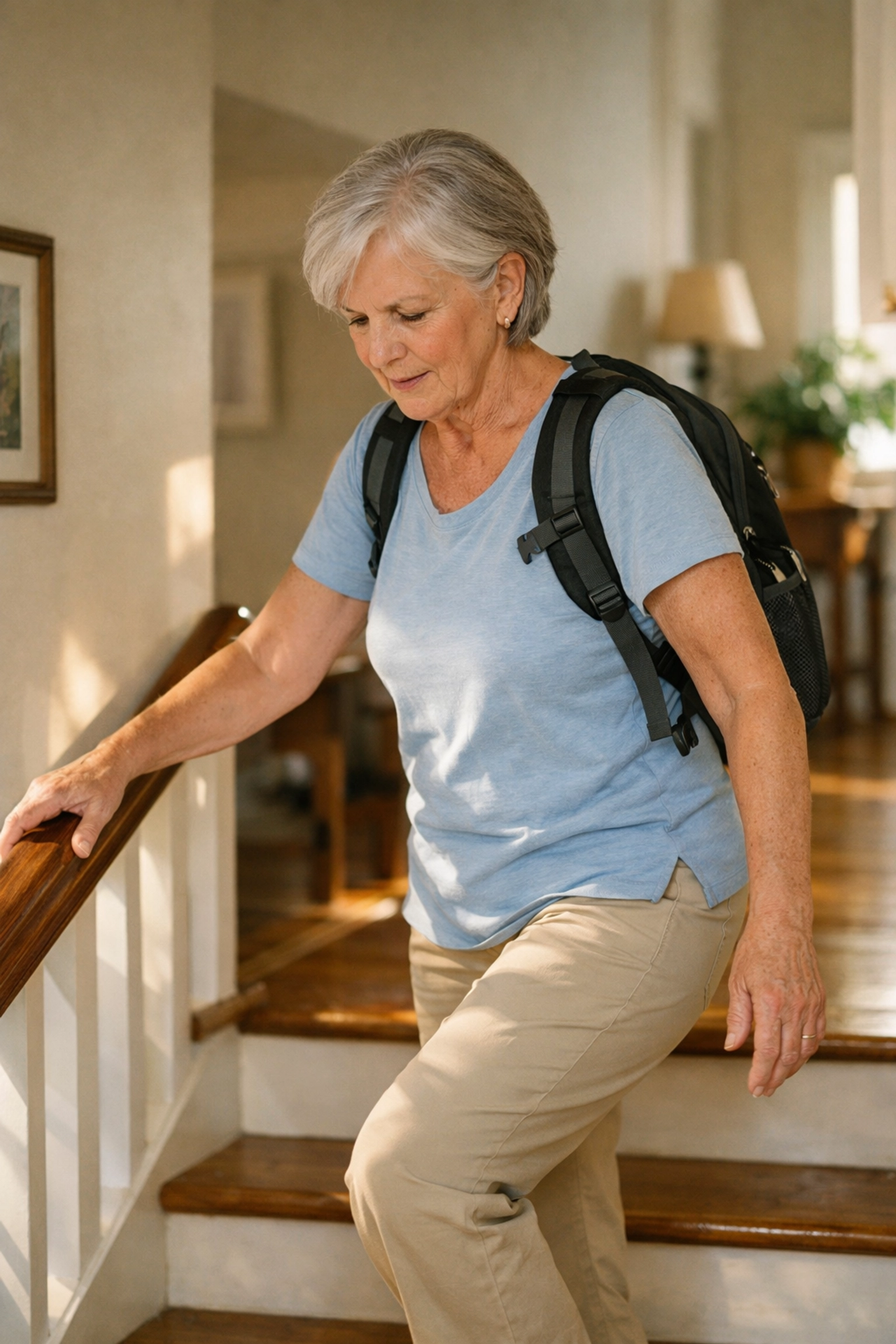 Senior woman safely using a handrail and wearing a backpack to keep hands free while on stairs.