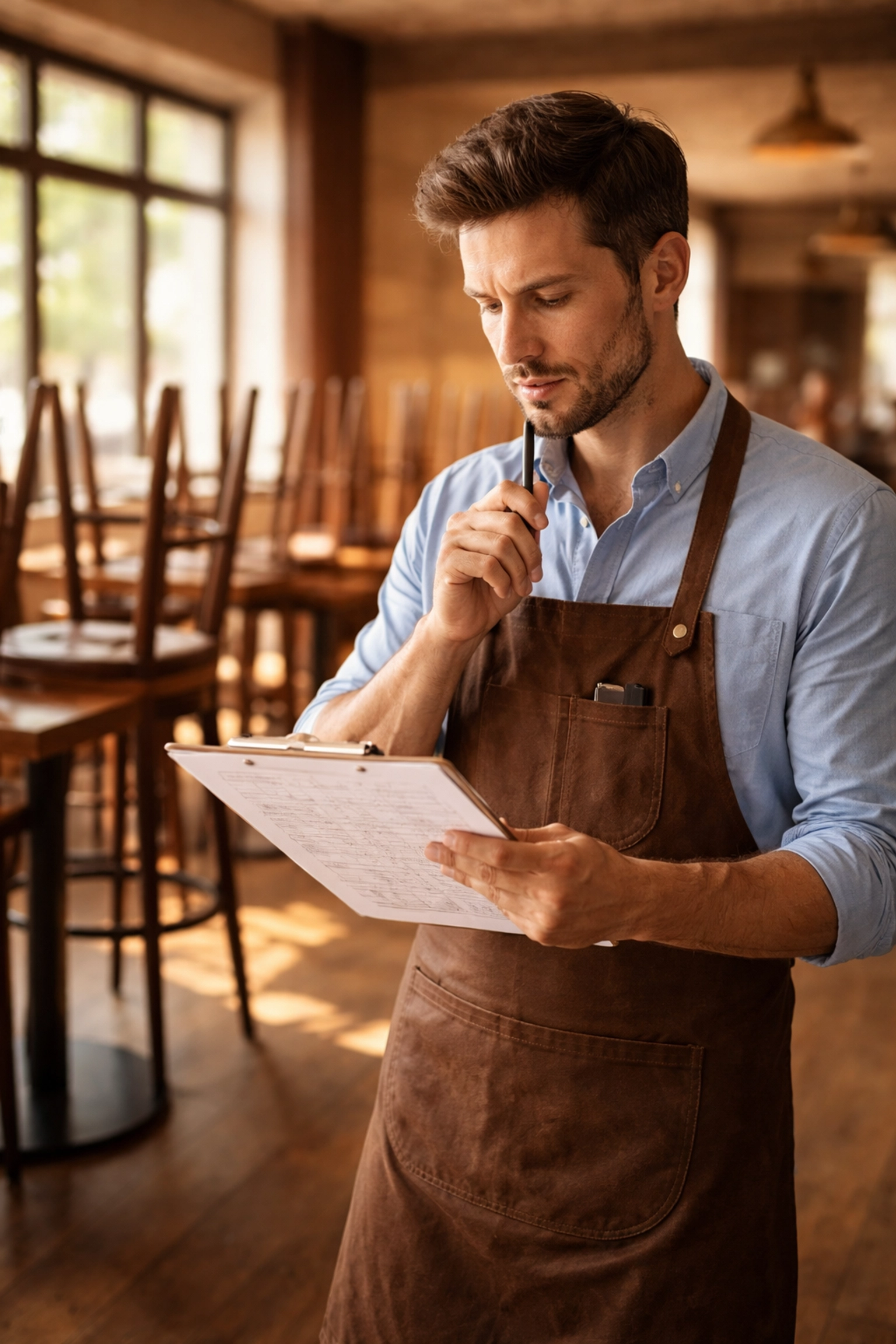 Restaurant manager reviewing staff schedule to optimize labor costs and support cash flow stabilization