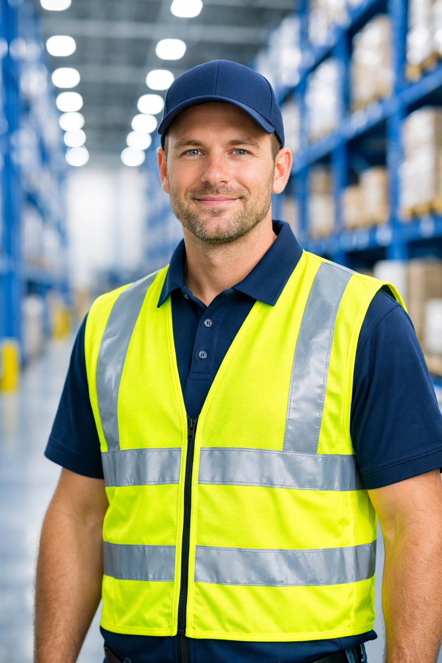 Logistics worker wearing a high-visibility yellow safety vest with reflective strips in a warehouse.