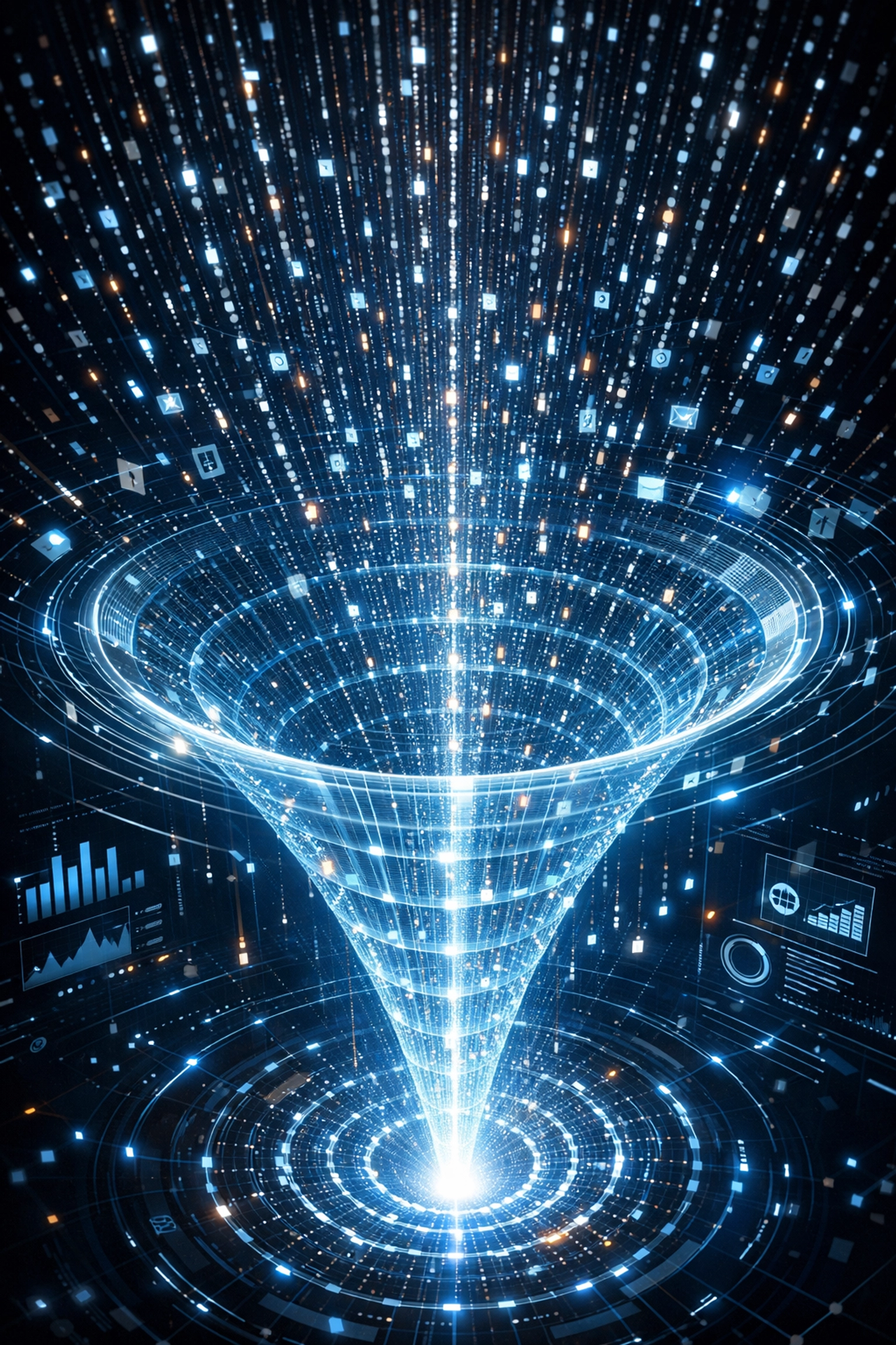 A glowing digital funnel illustrating automated omnichannel conversion strategies and data-driven CRM management.