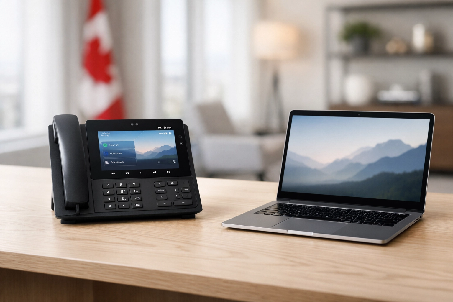 A minimalist office setup with a modern IP phone using business VoIP Canada services.