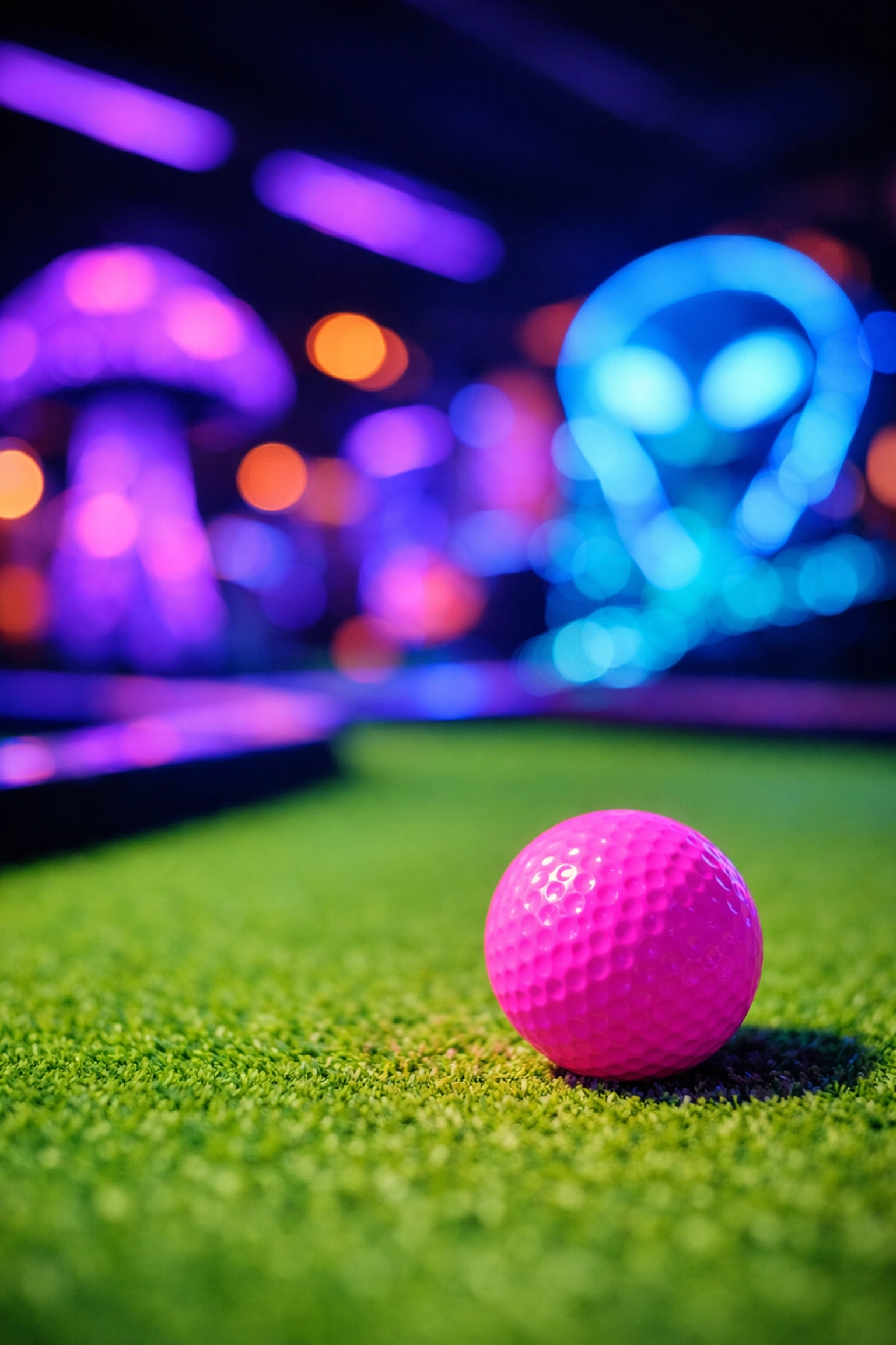 Glowing neon golf ball at an indoor glow-in-the-dark mini-golf course in Montreal.