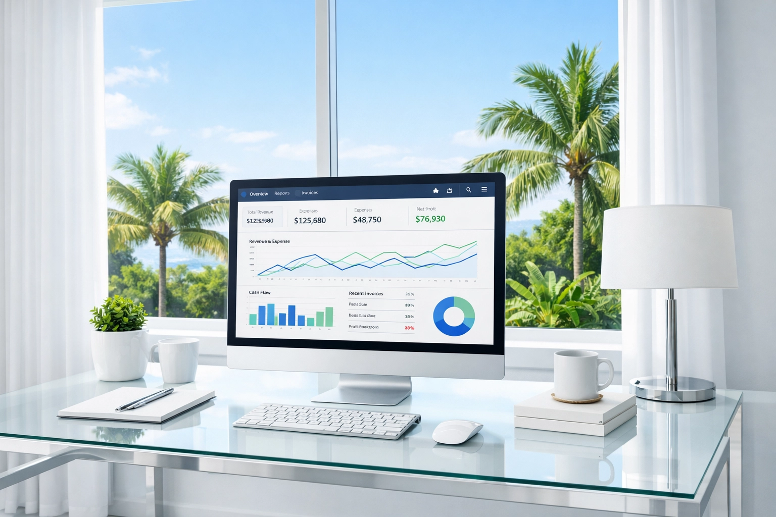 Modern home office in Pinecrest with cloud accounting dashboard for remote tax services.
