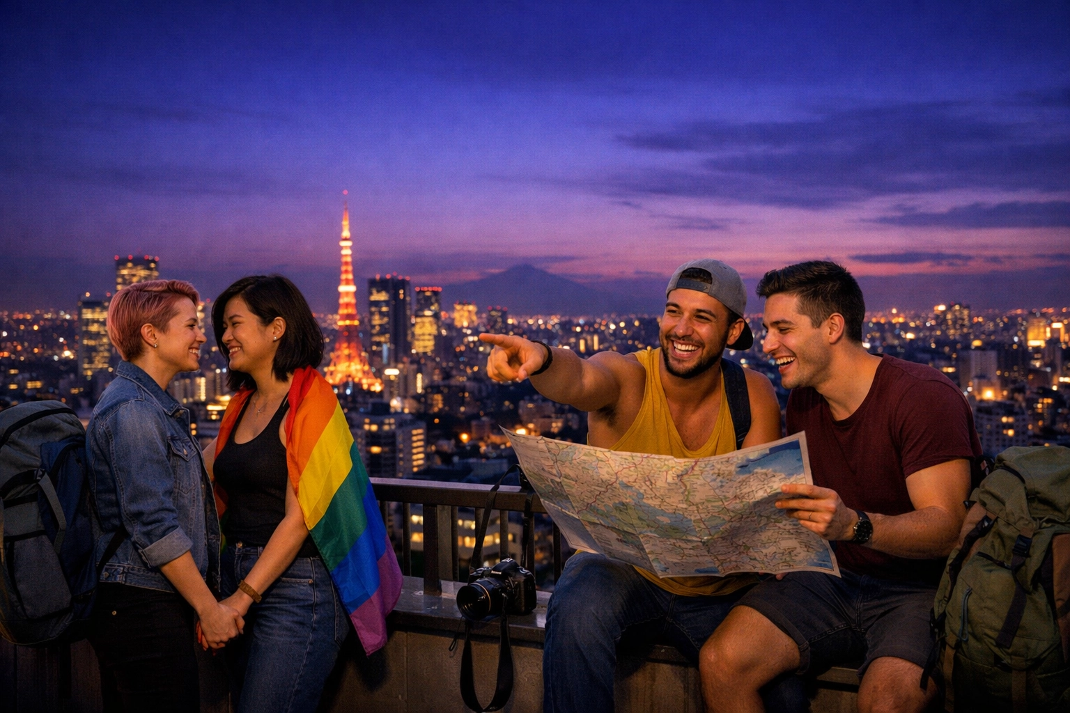 A diverse group of LGBTQ+ travelers on a rooftop balcony, finding community and joy while traveling abroad.