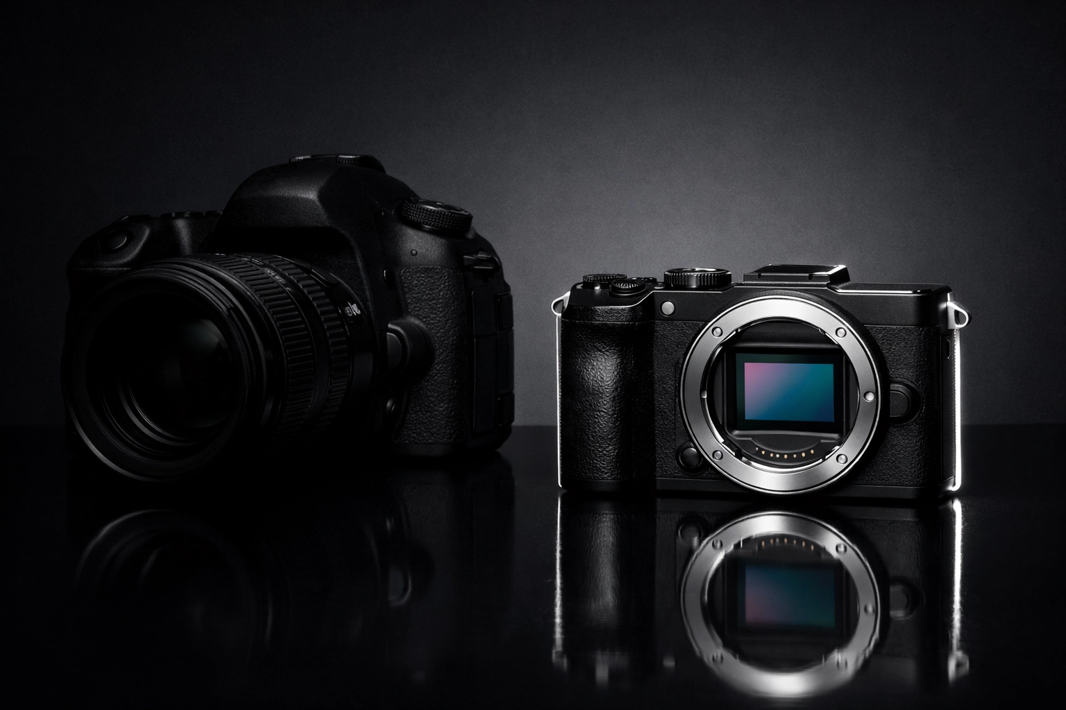 Comparison of a DSLR and mirrorless camera, showcasing major industry shifts in photography gear.
