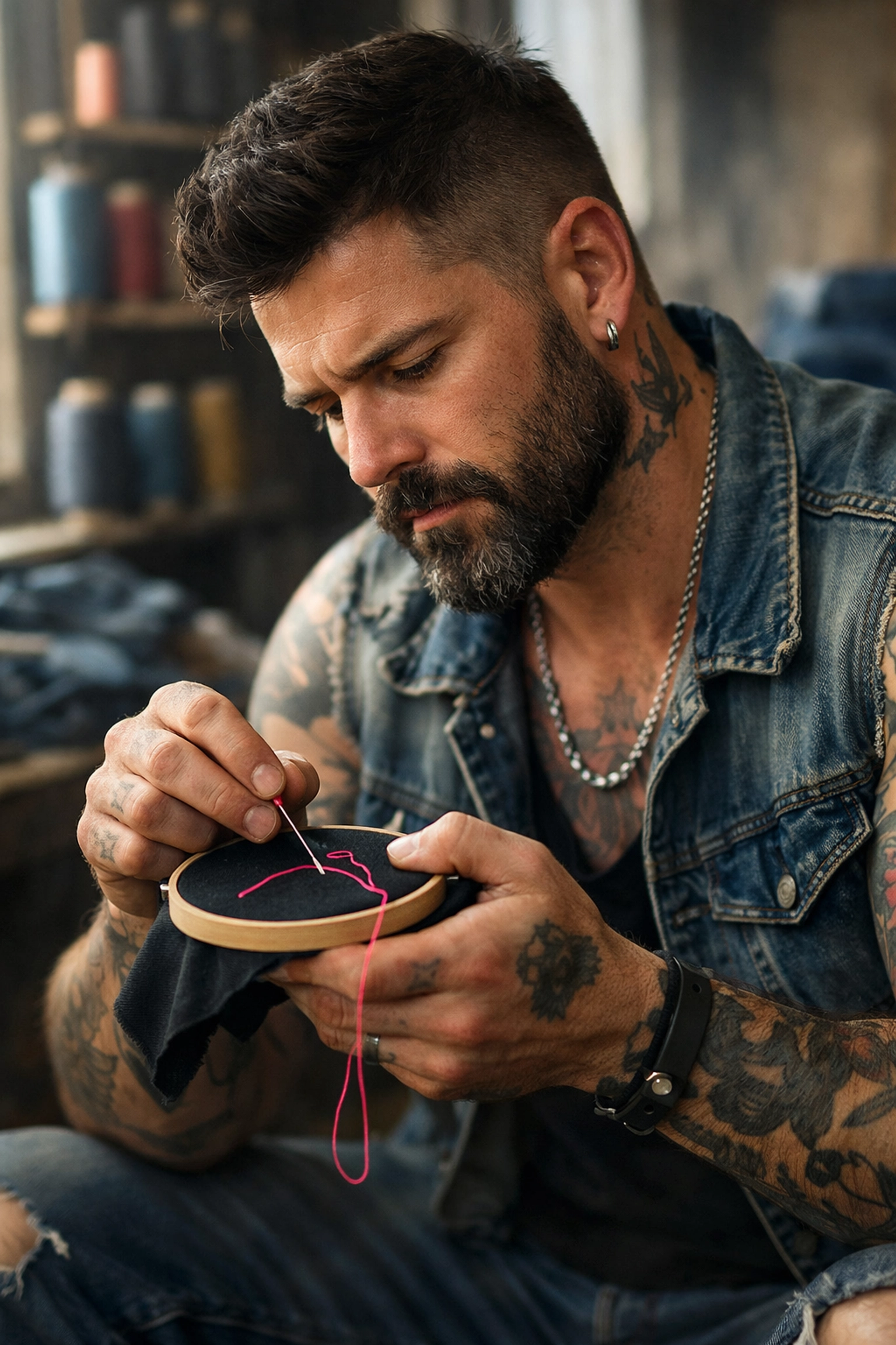 Tattooed man embroidering in a workshop, challenging gender norms with queer textile art.