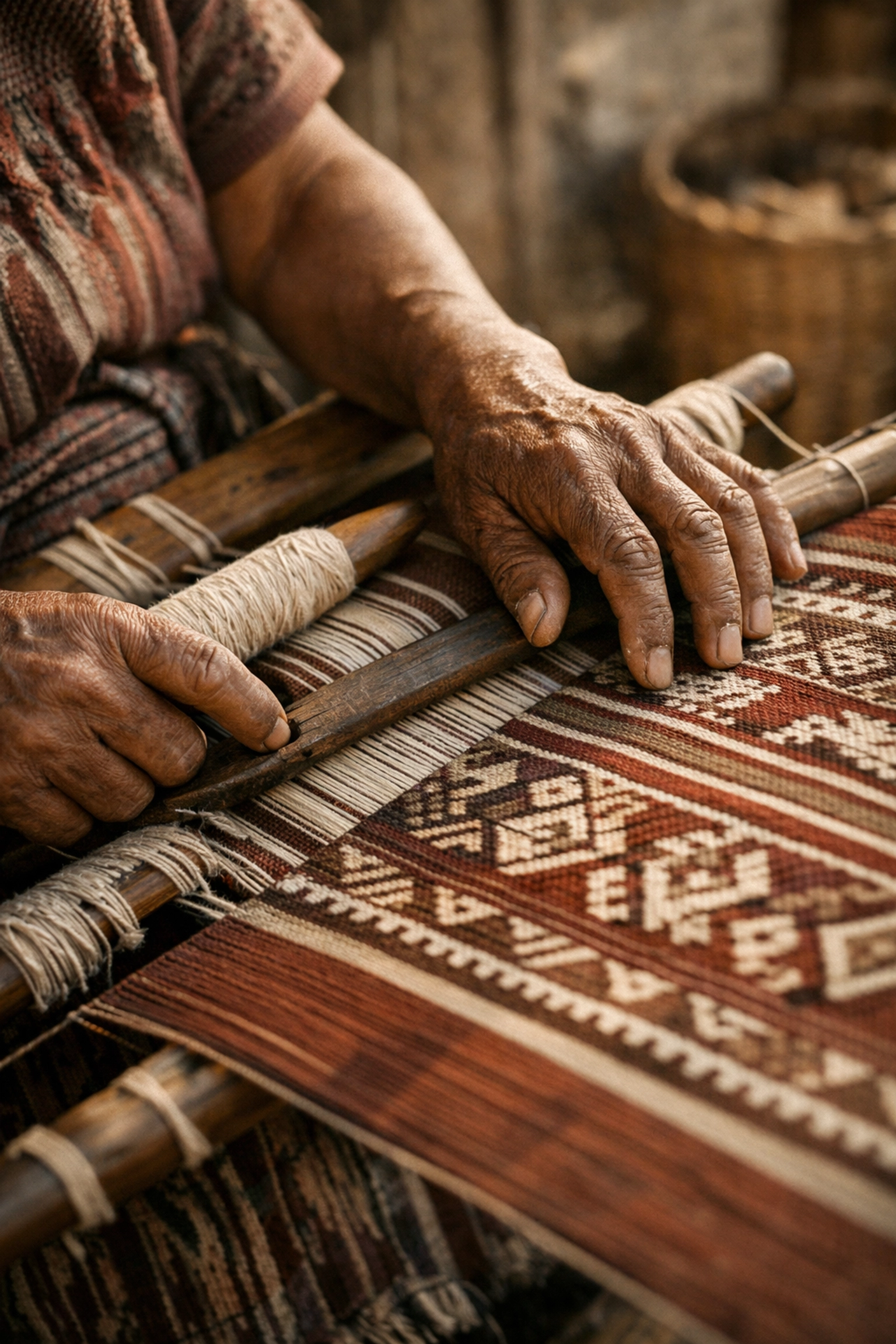 Artisan hands weaving traditional geometric textile patterns on a loom in the Guatemalan highlands.