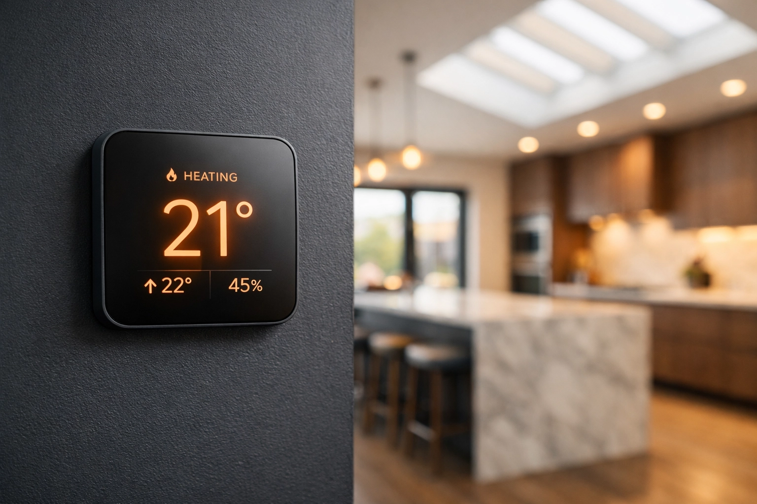 Smart heating thermostat installed in a modern kitchen extension to monitor room temperature and energy usage.