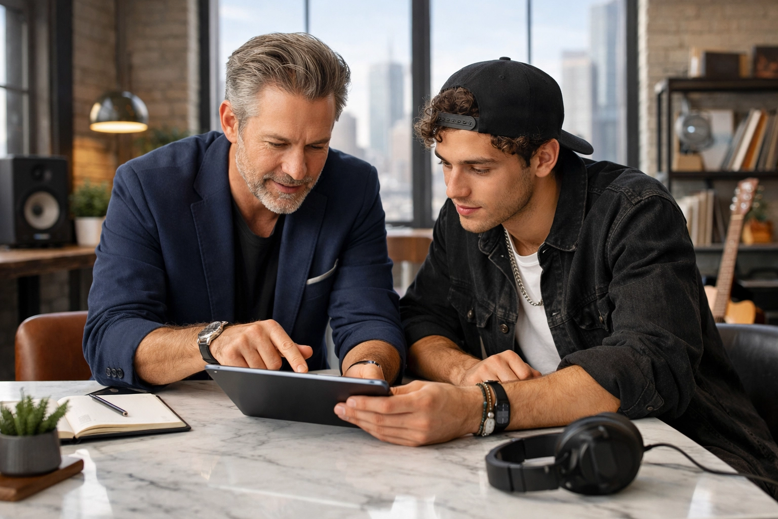 A music industry consultant and artist reviewing a scaling strategy in a modern office meeting.