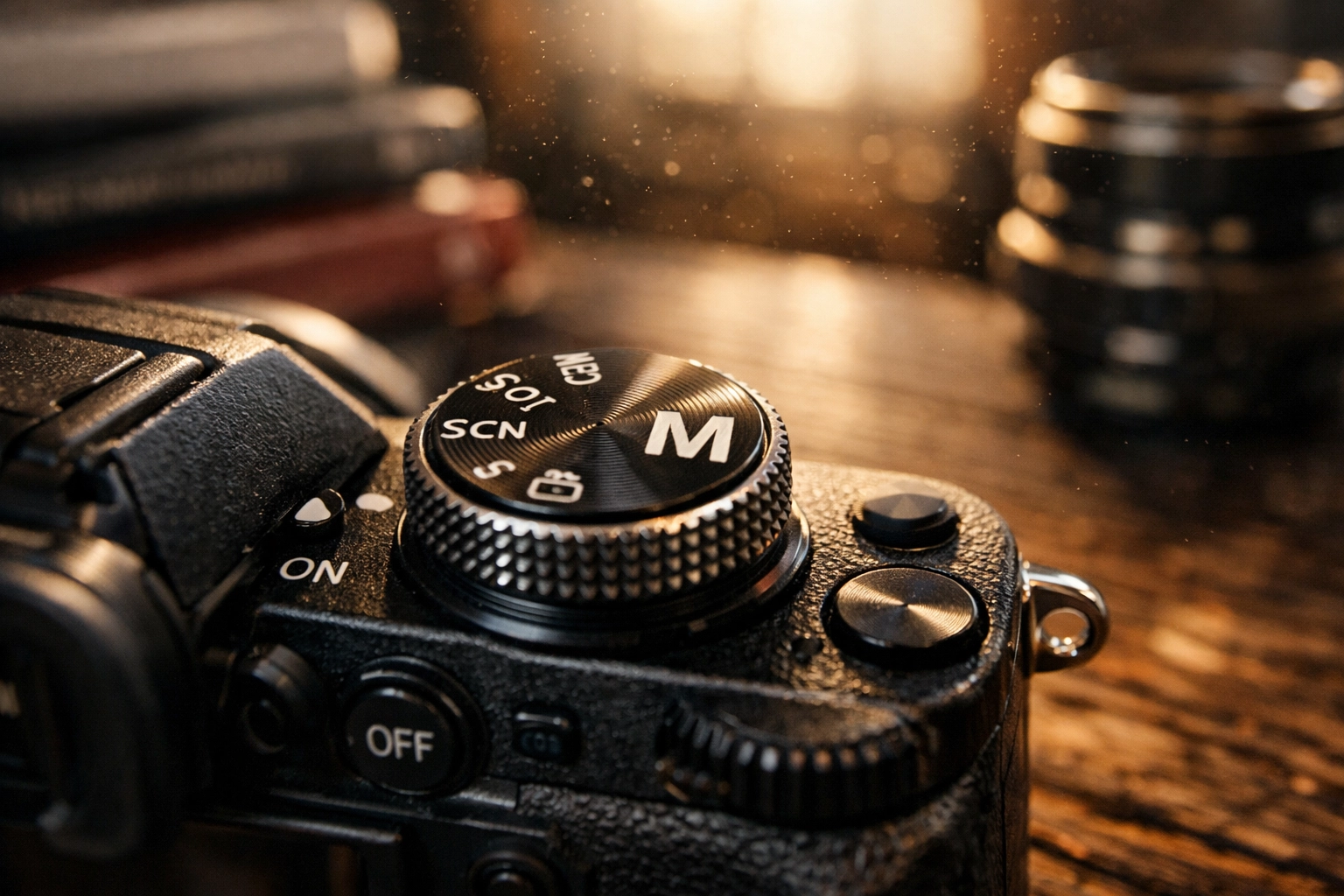 Close-up of a digital camera dial set to manual mode for a beginner photography tutorial.