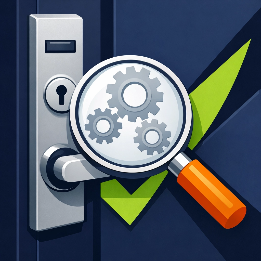 Illustration of a door lock under a magnifying glass, representing transparent pricing and trust for a locksmith near me.