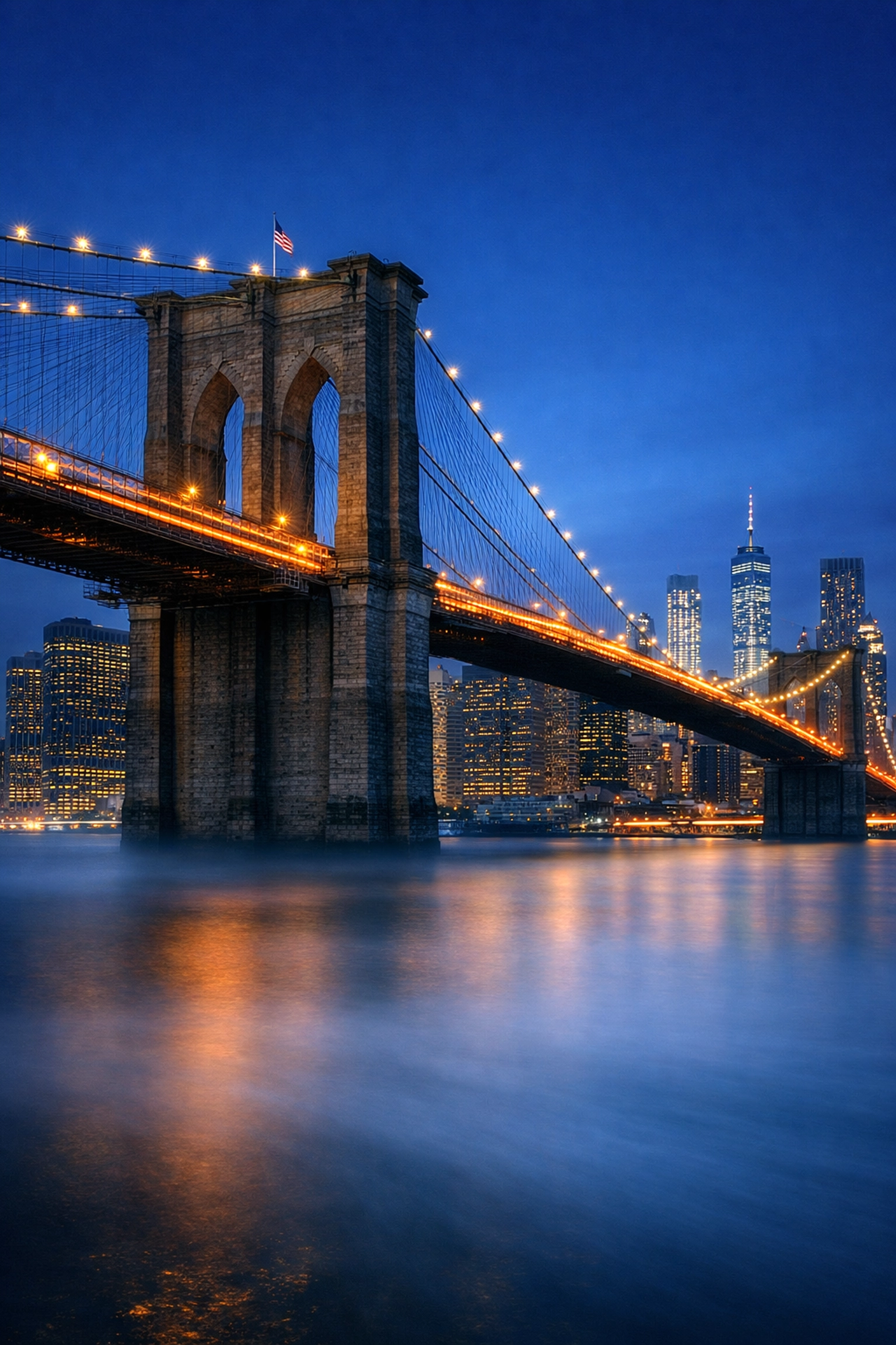 Long-exposure fine art photography of the Brooklyn Bridge in NYC at blue hour with light trails and smooth water.