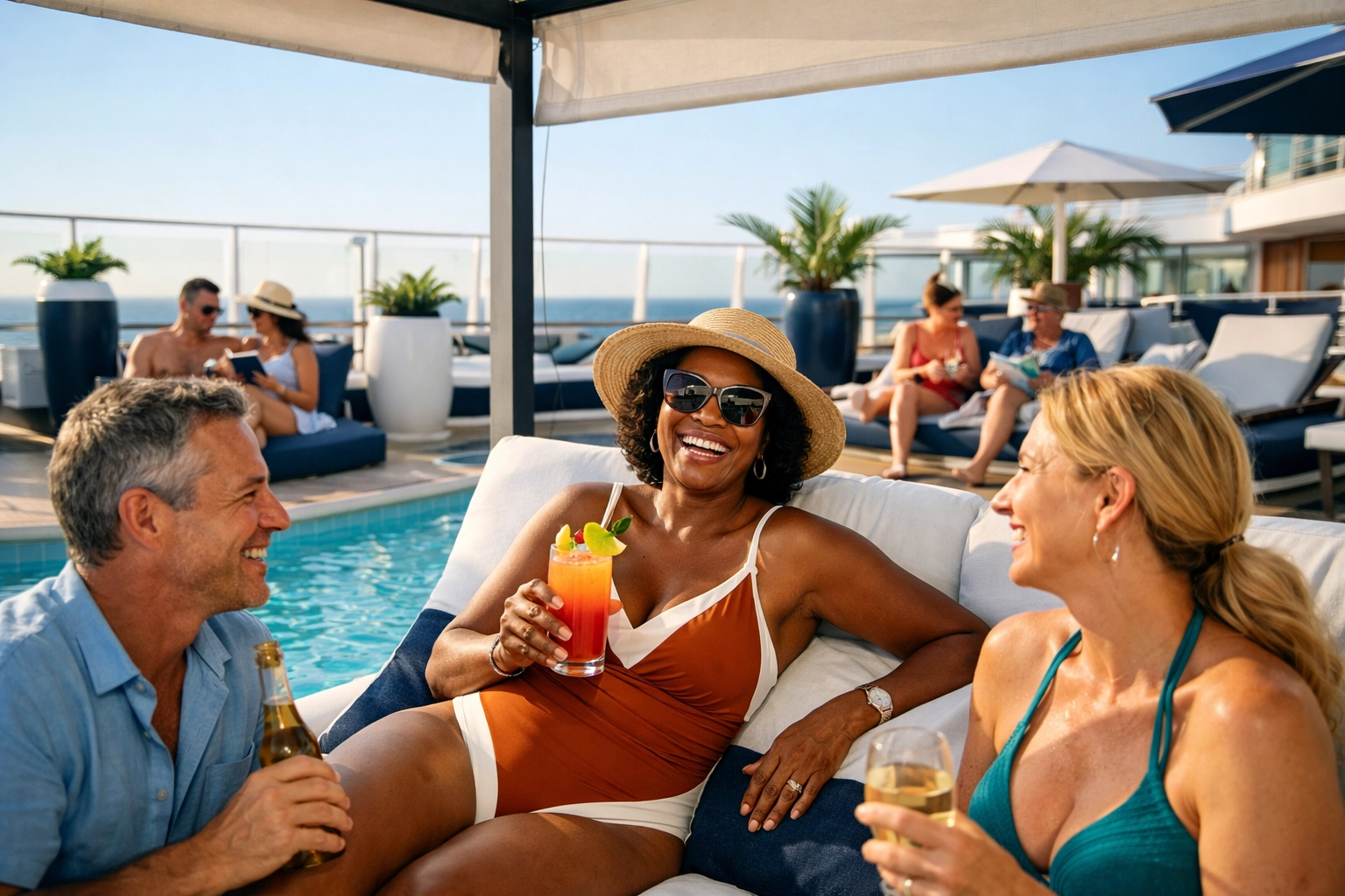 Adults only cruise pool deck with guests enjoying cocktails and socializing