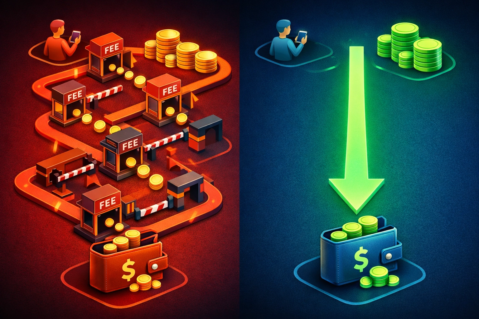 Comparison of hidden crypto payment fees versus direct self-custody transfers