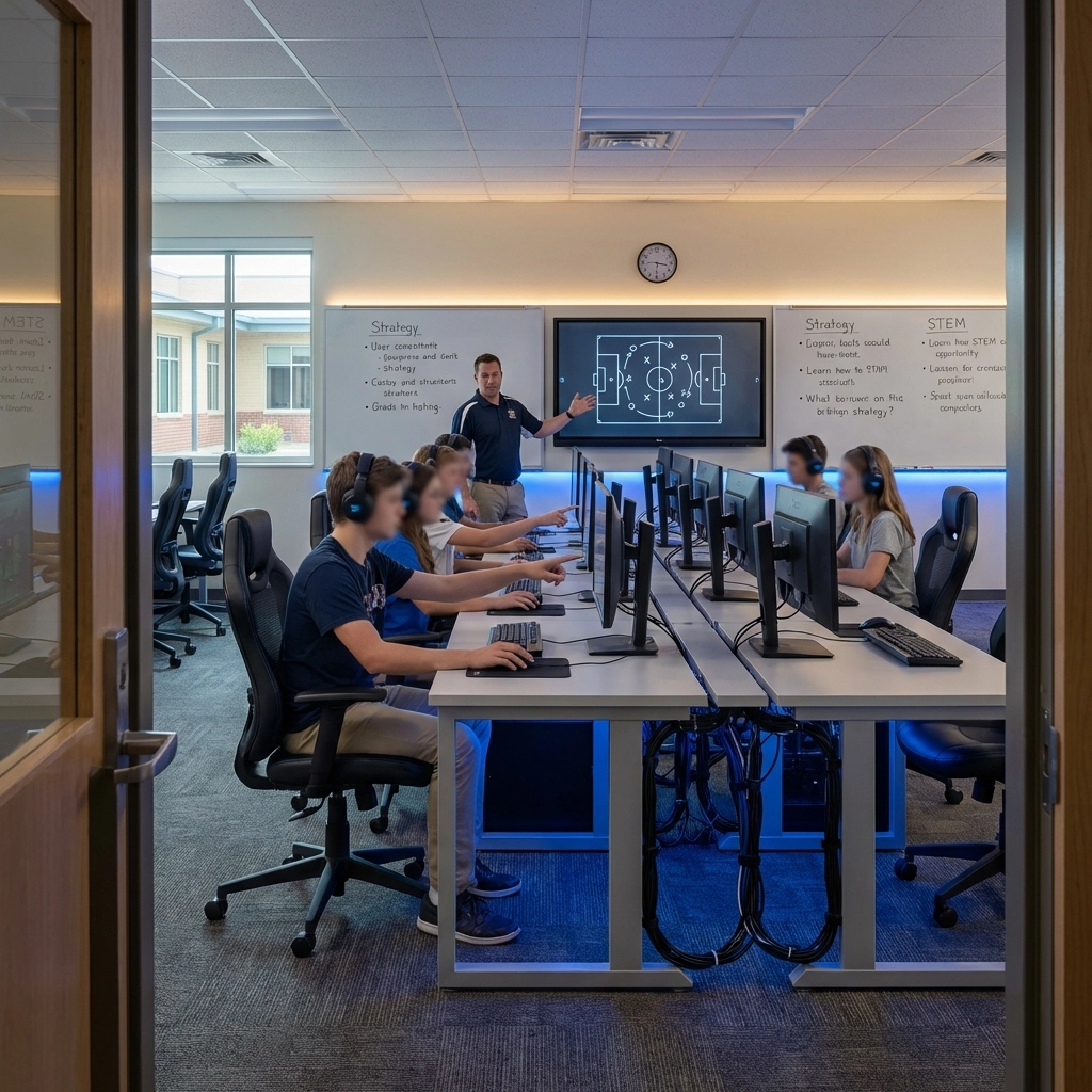 Students learning in a high school esports pod, showcasing education through simulation and sponsorship opportunities.