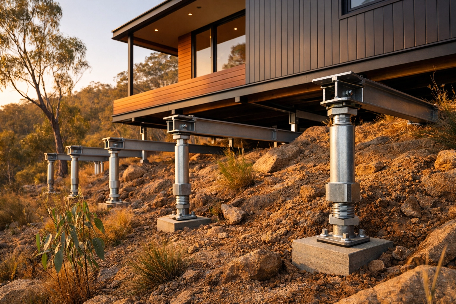 Modern modular home elevated on steel piers on a steep Australian sloping block with minimal site disturbance.