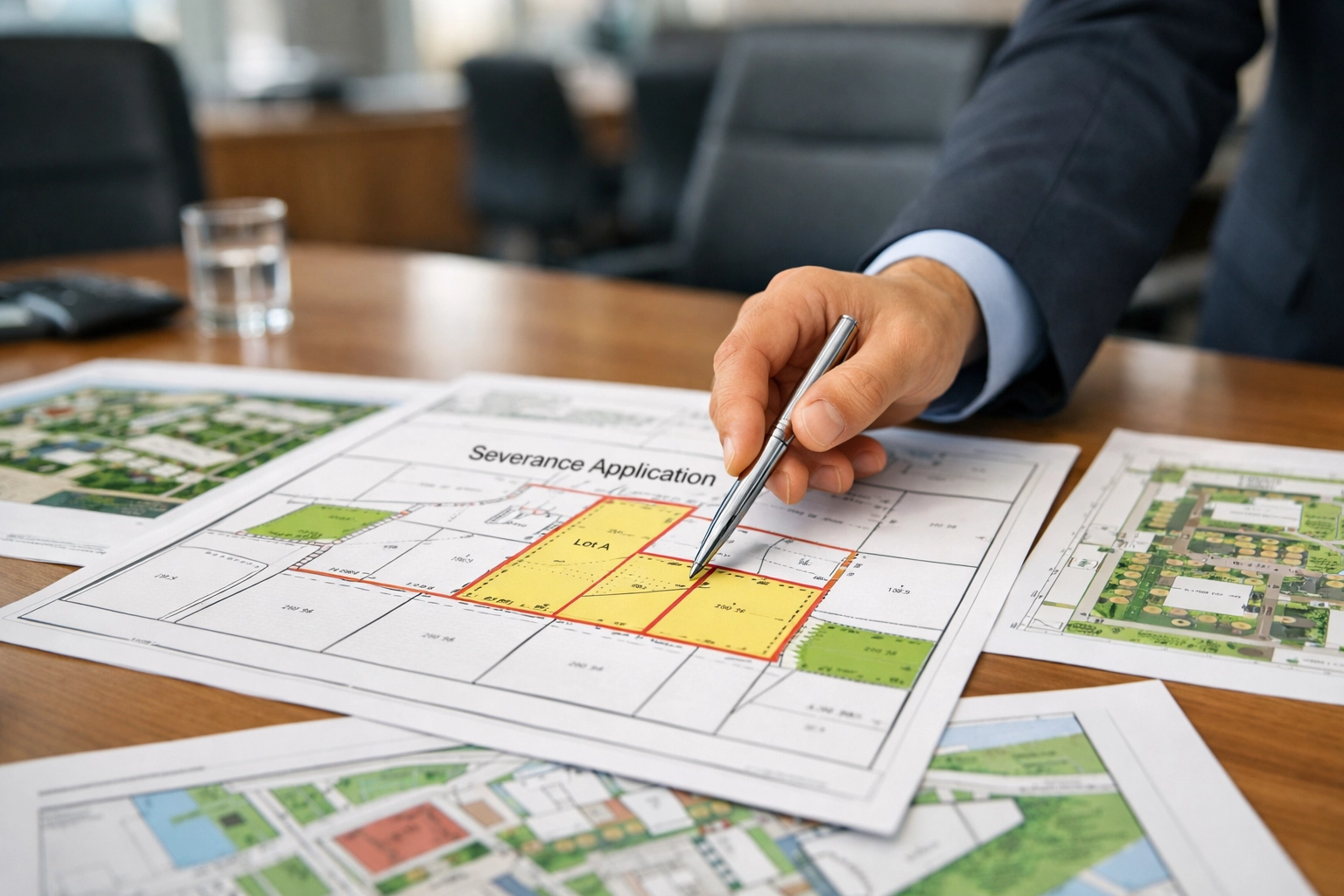 Reviewing Ontario severance application maps and site plans during a municipal planning committee meeting.