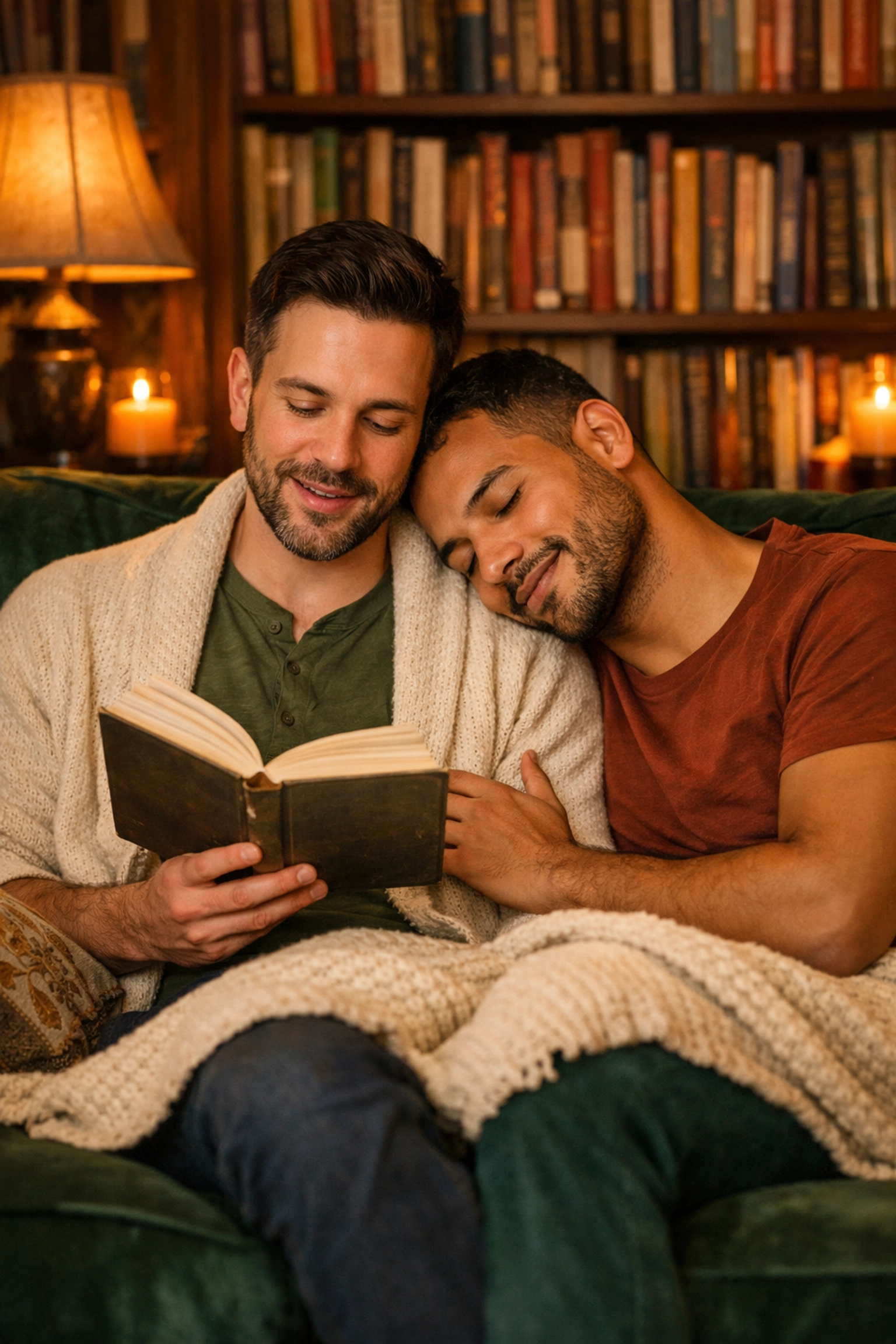Two men reading MM romance books together, highlighting queer joy and healing through gay fiction.